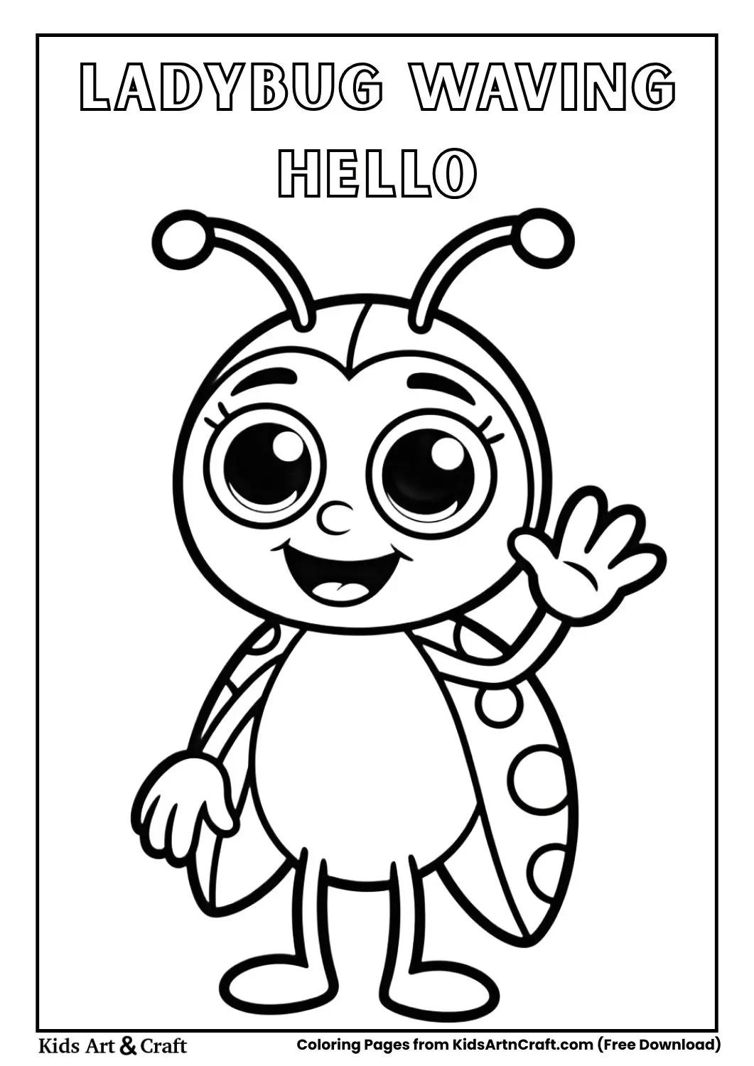 Happy cartoon ladybug waving hello simple black and white coloring page.