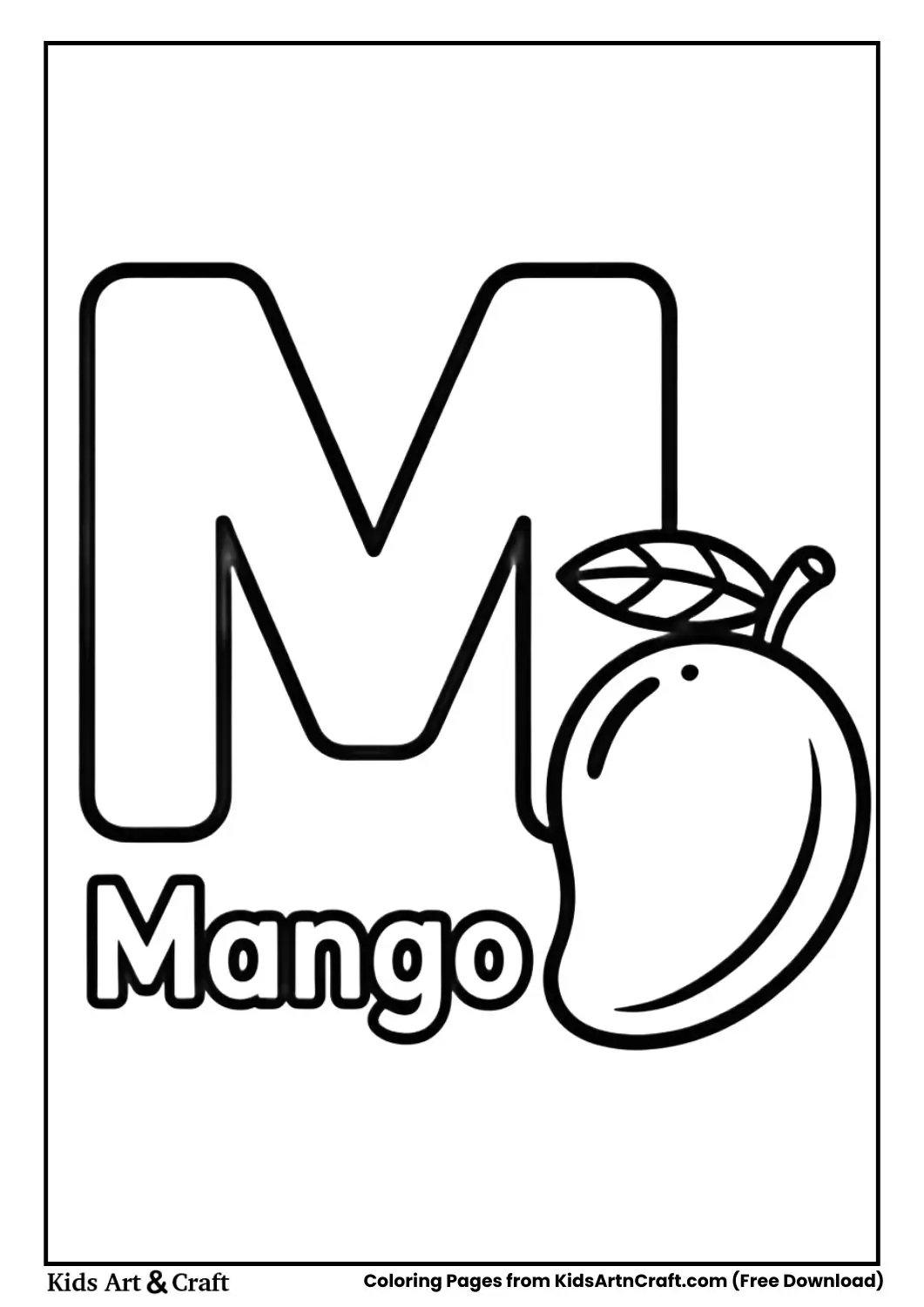 M for Mango coloring page with mango fruit