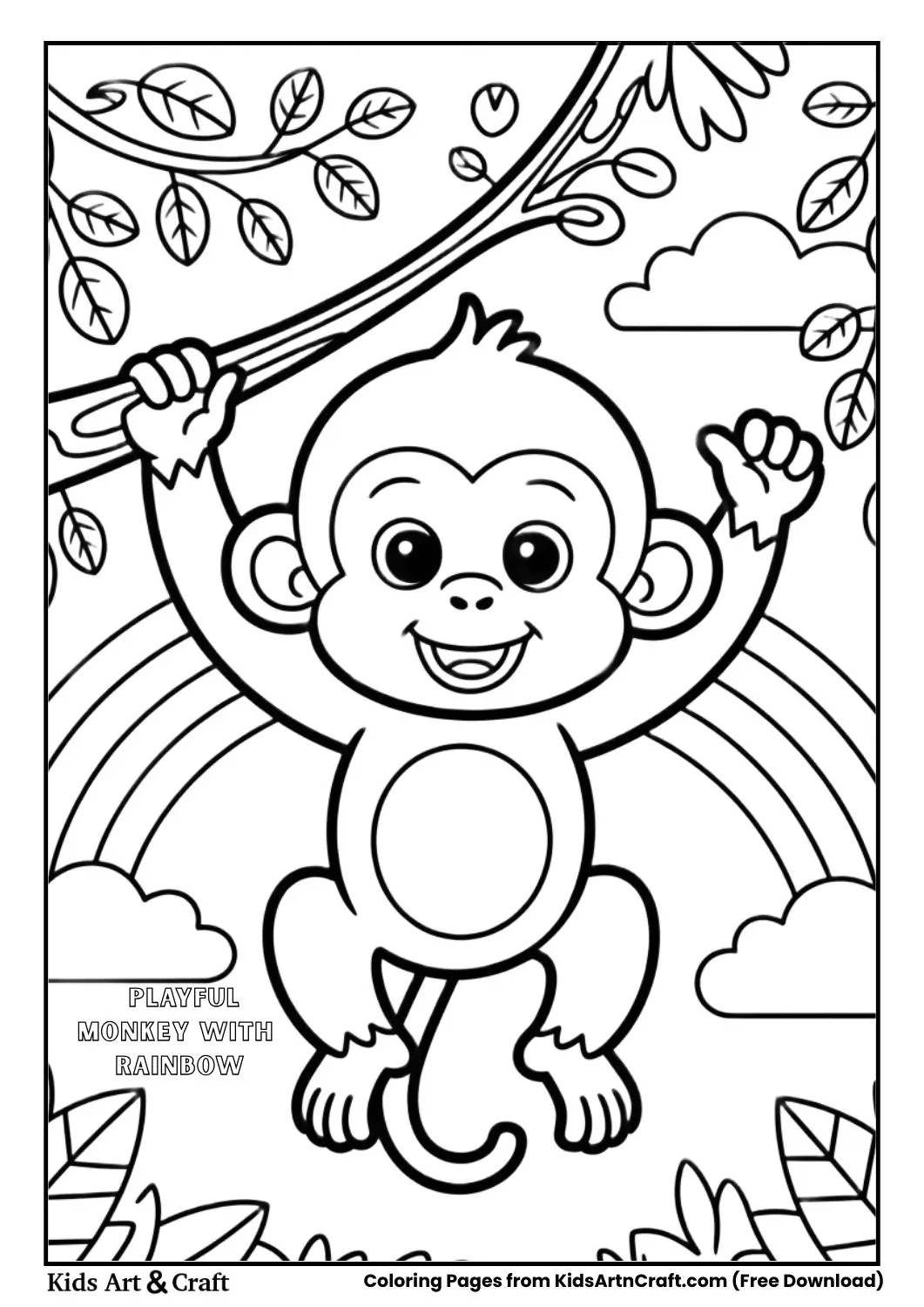black and white coloring page of a monkey hanging from a branch with a rainbow