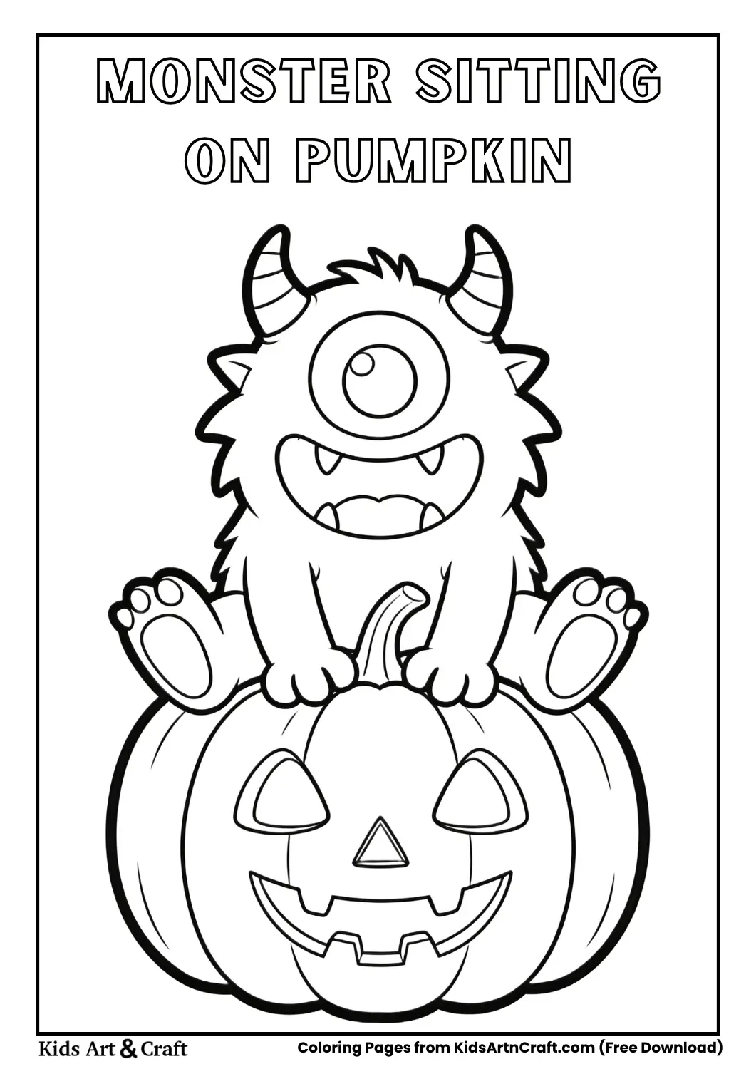 Friendly monster sitting on large pumpkin in black and white