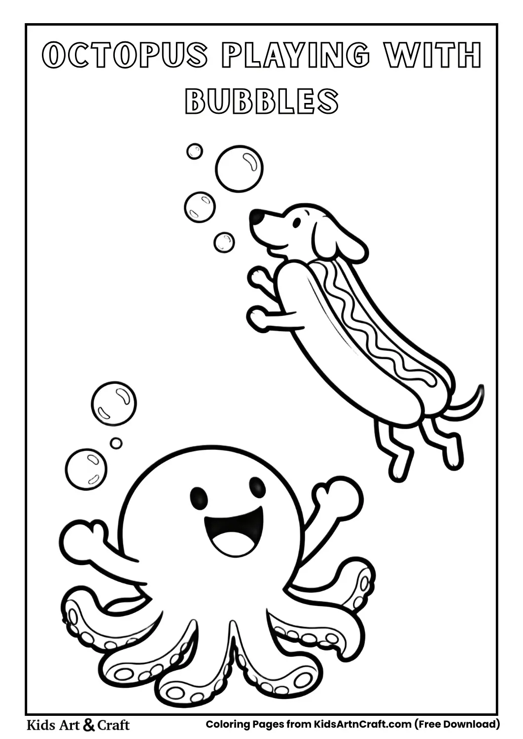 Octopus playing with bubbles while sausage dog jumps coloring page