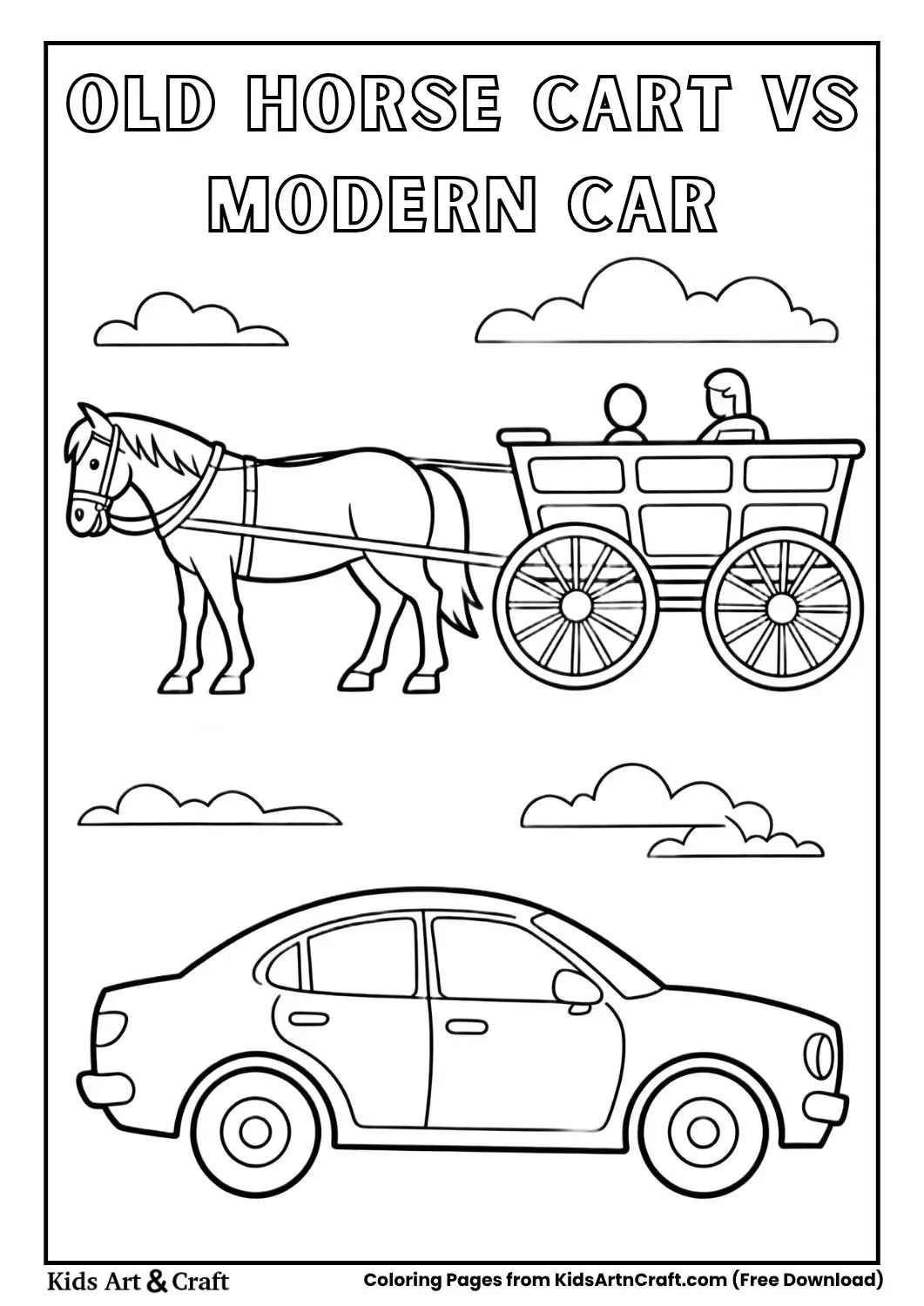 Old horse cart and modern car simple black and white coloring page