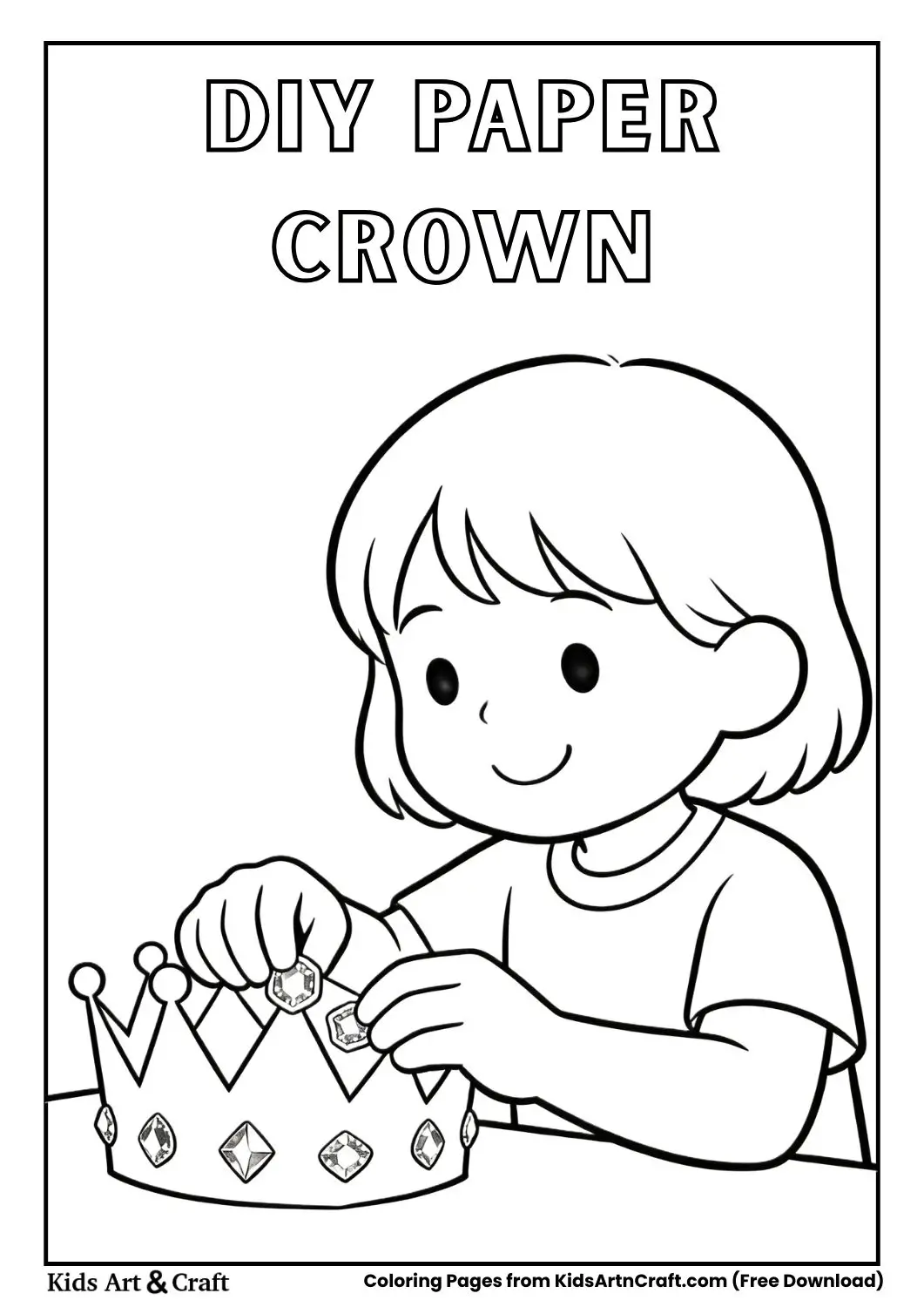 Black and white coloring page of child decorating a paper crown