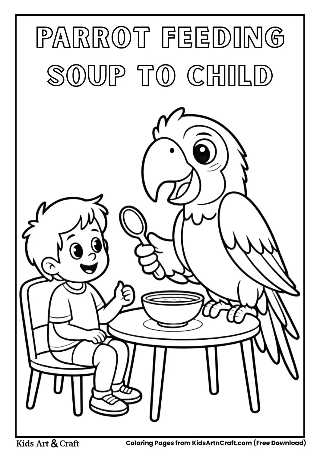Cute parrot bringing a spoon of soup to a child black and white coloring page for kids