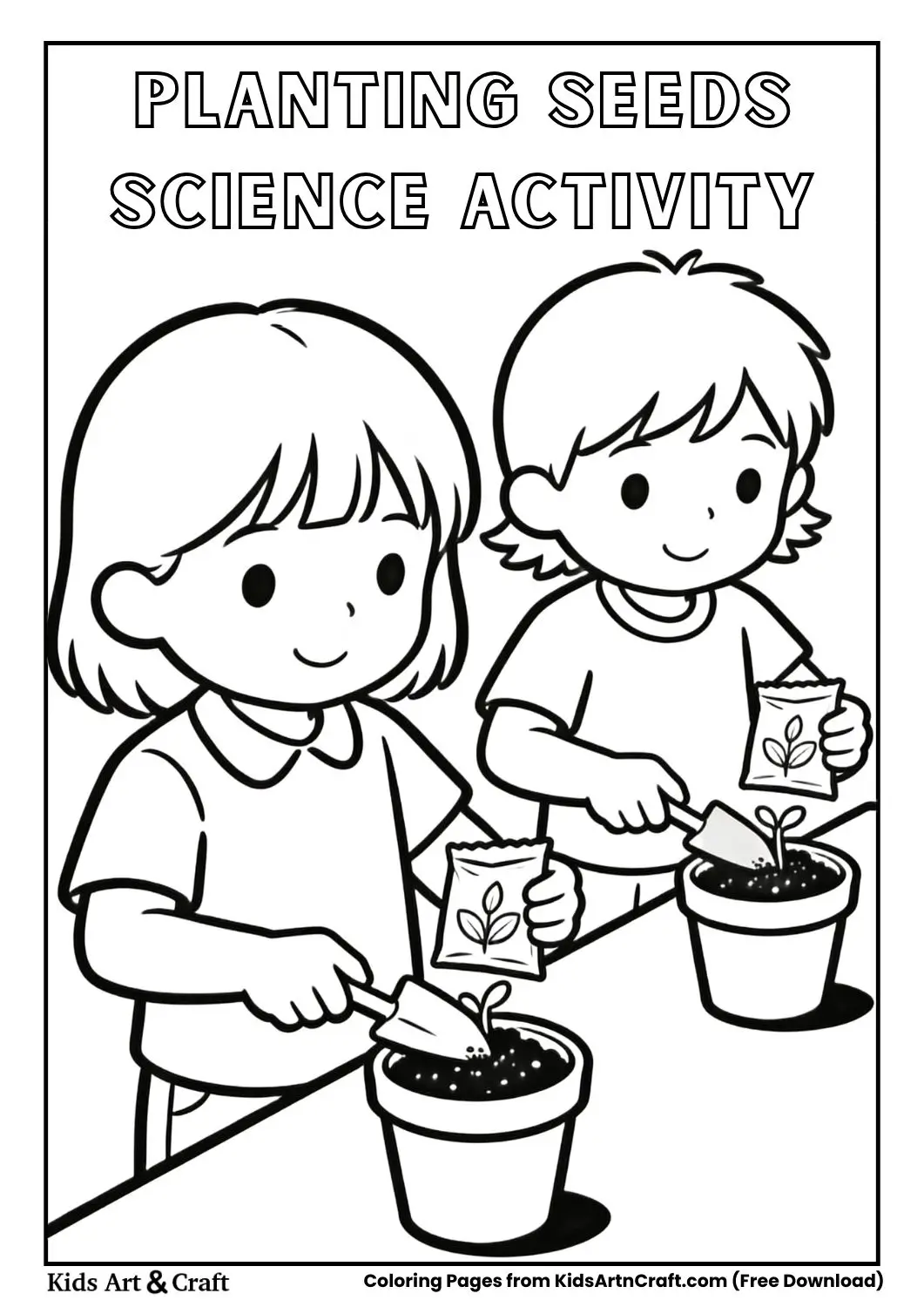Students planting seeds in pots classroom coloring page