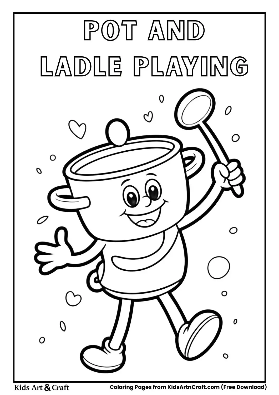 Smiling pot and ladle playing together black and white kids coloring page