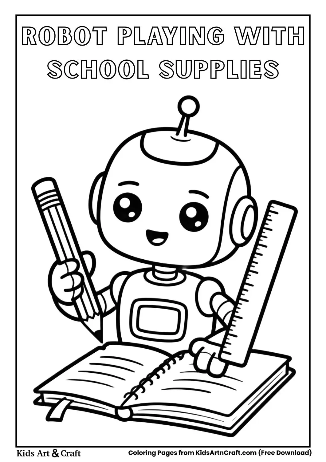 robot playing with pencil ruler and notebook simple coloring page for kids