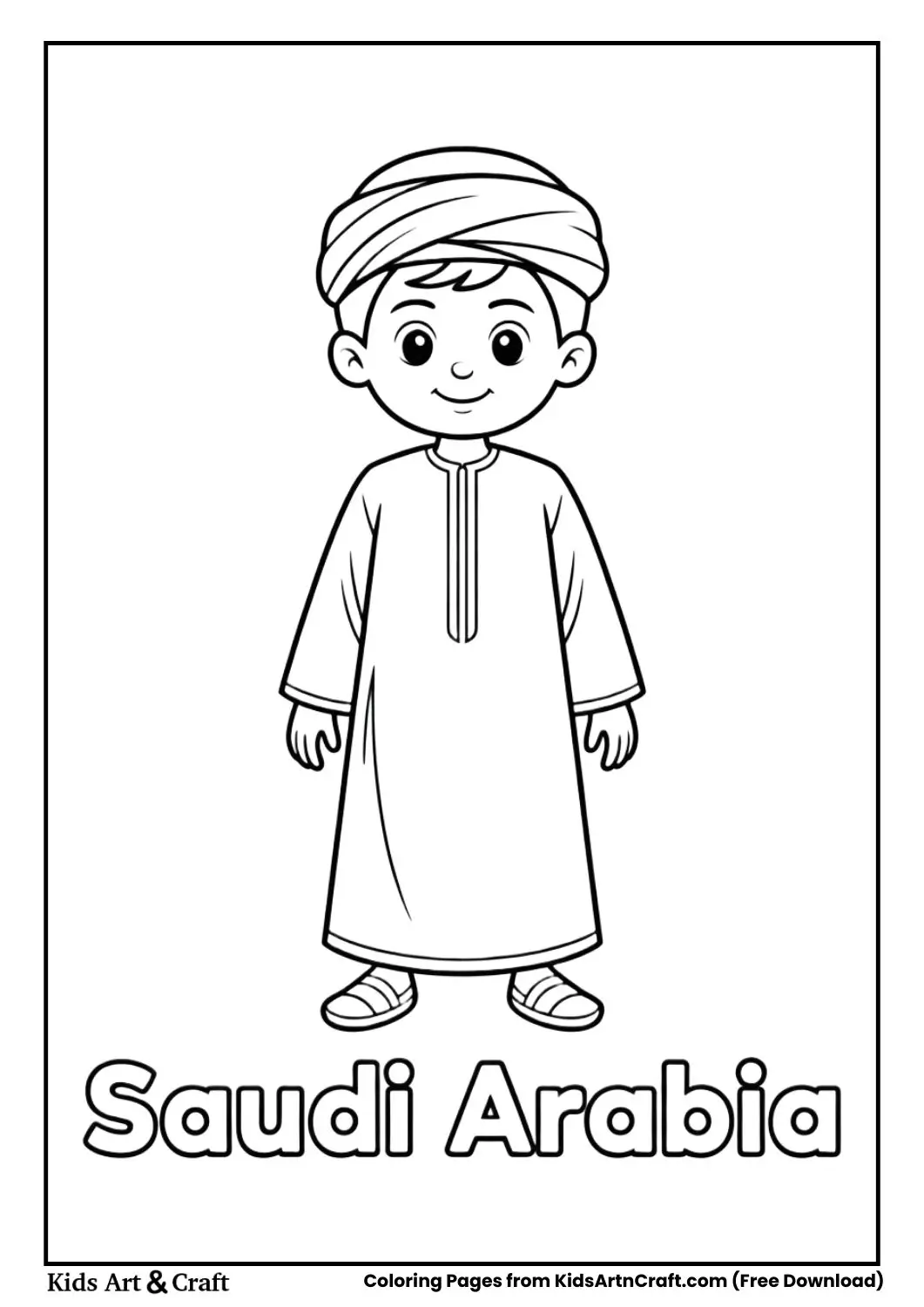 Boy wearing Arabian thobe traditional clothing coloring page with country name Saudi Arabia