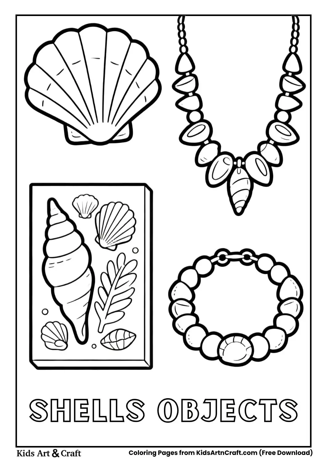 Black-and-white kids coloring page featuring seashell, shell necklace, shell art piece, and bracelet.