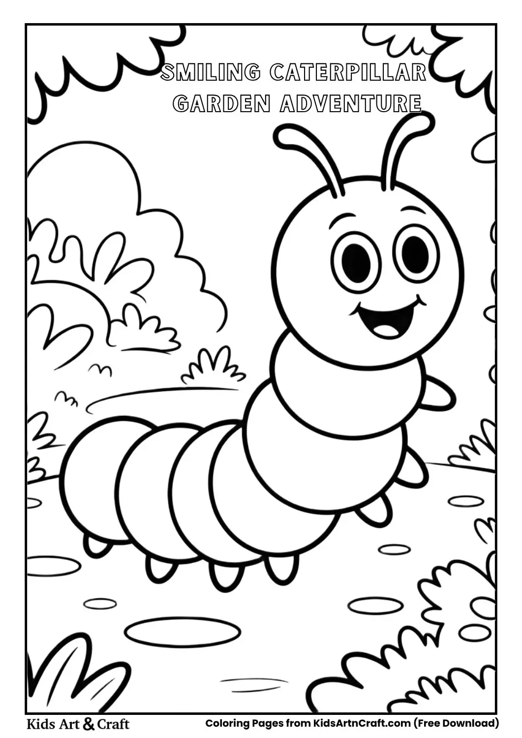 Smiling caterpillar walking on a garden path black and white coloring page