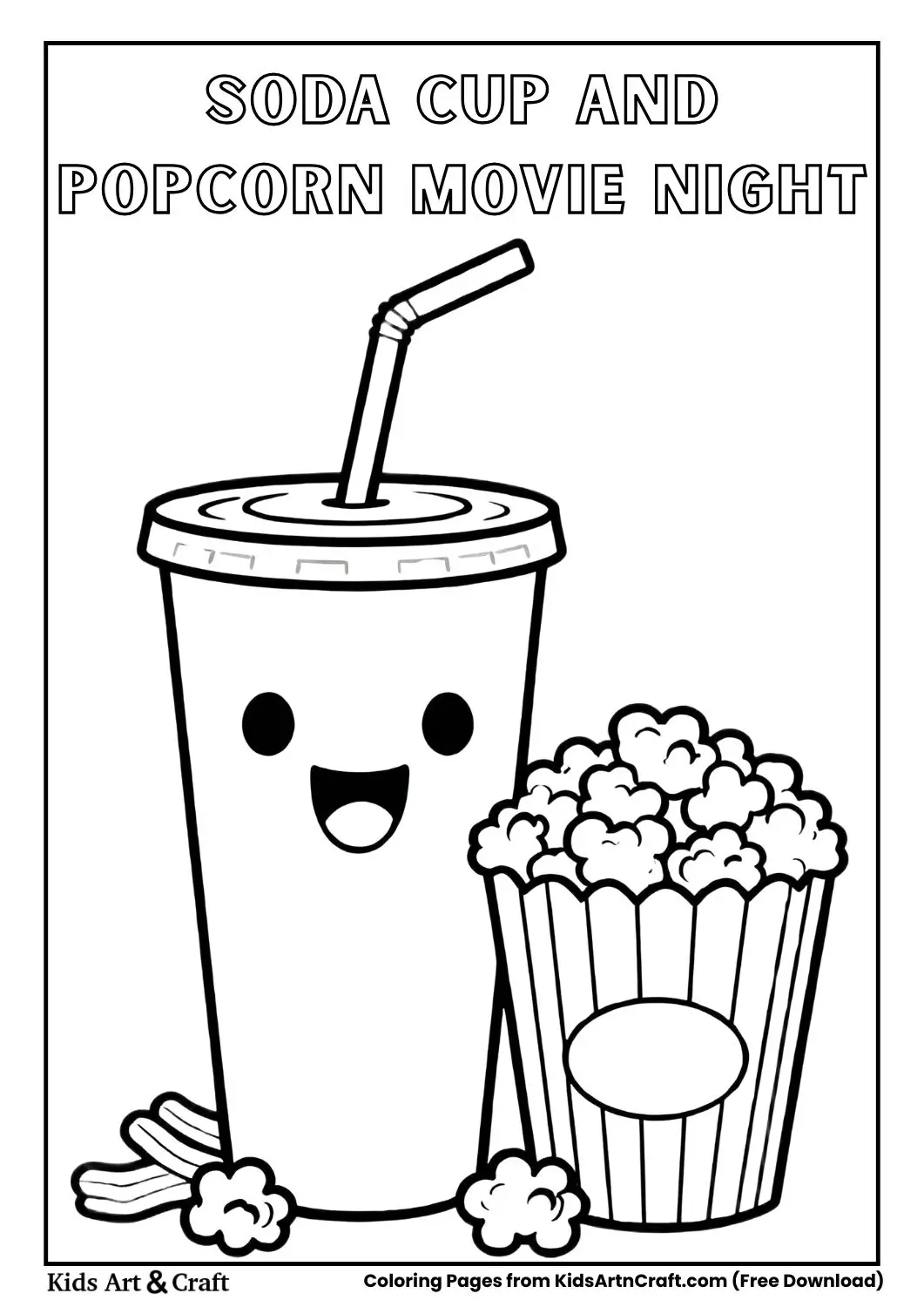 cartoon soda cup with popcorn movie night black and white coloring page for kids
