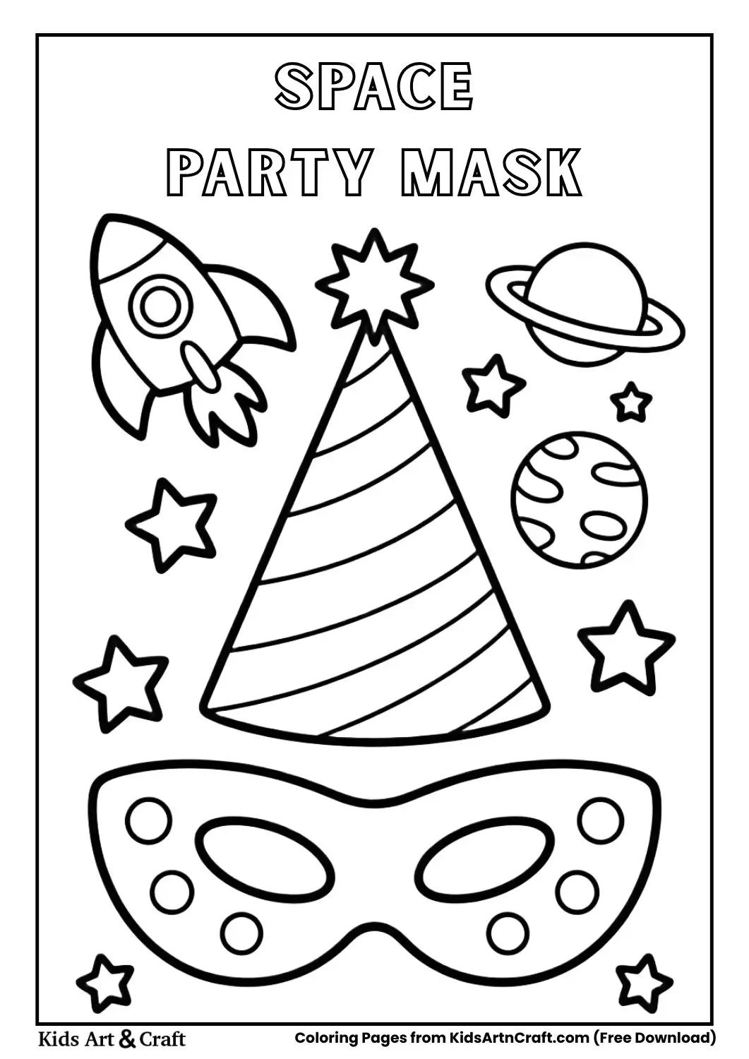 space mask with rockets stars and planets coloring page
