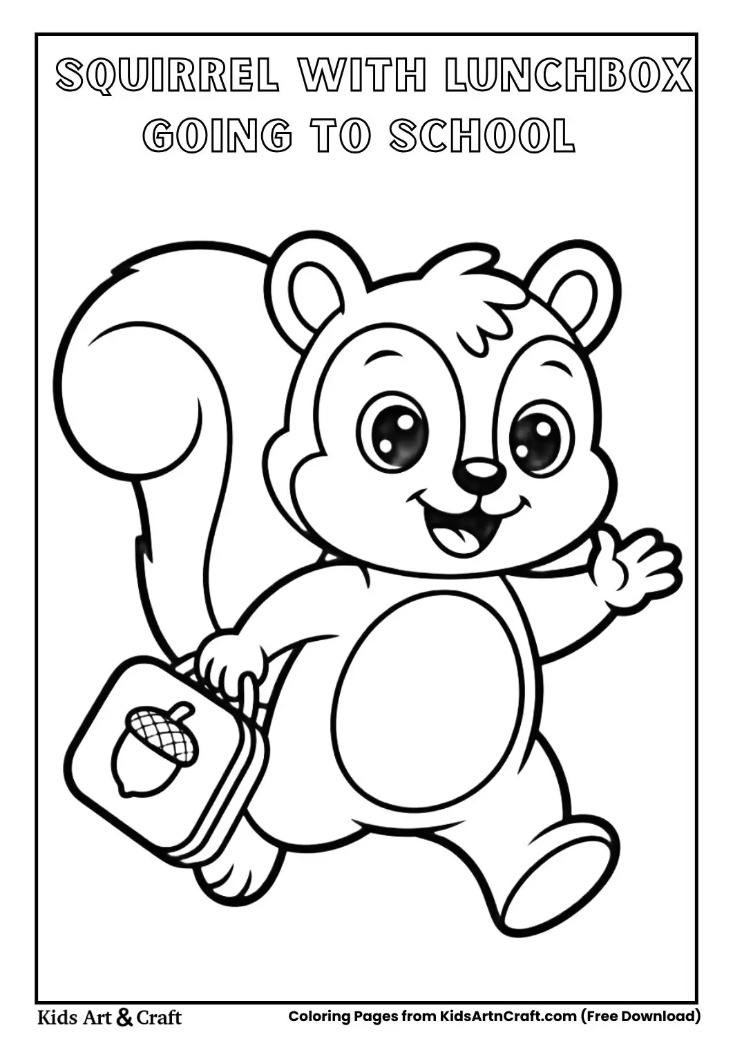 Cute squirrel with acorn lunchbox going to school coloring page