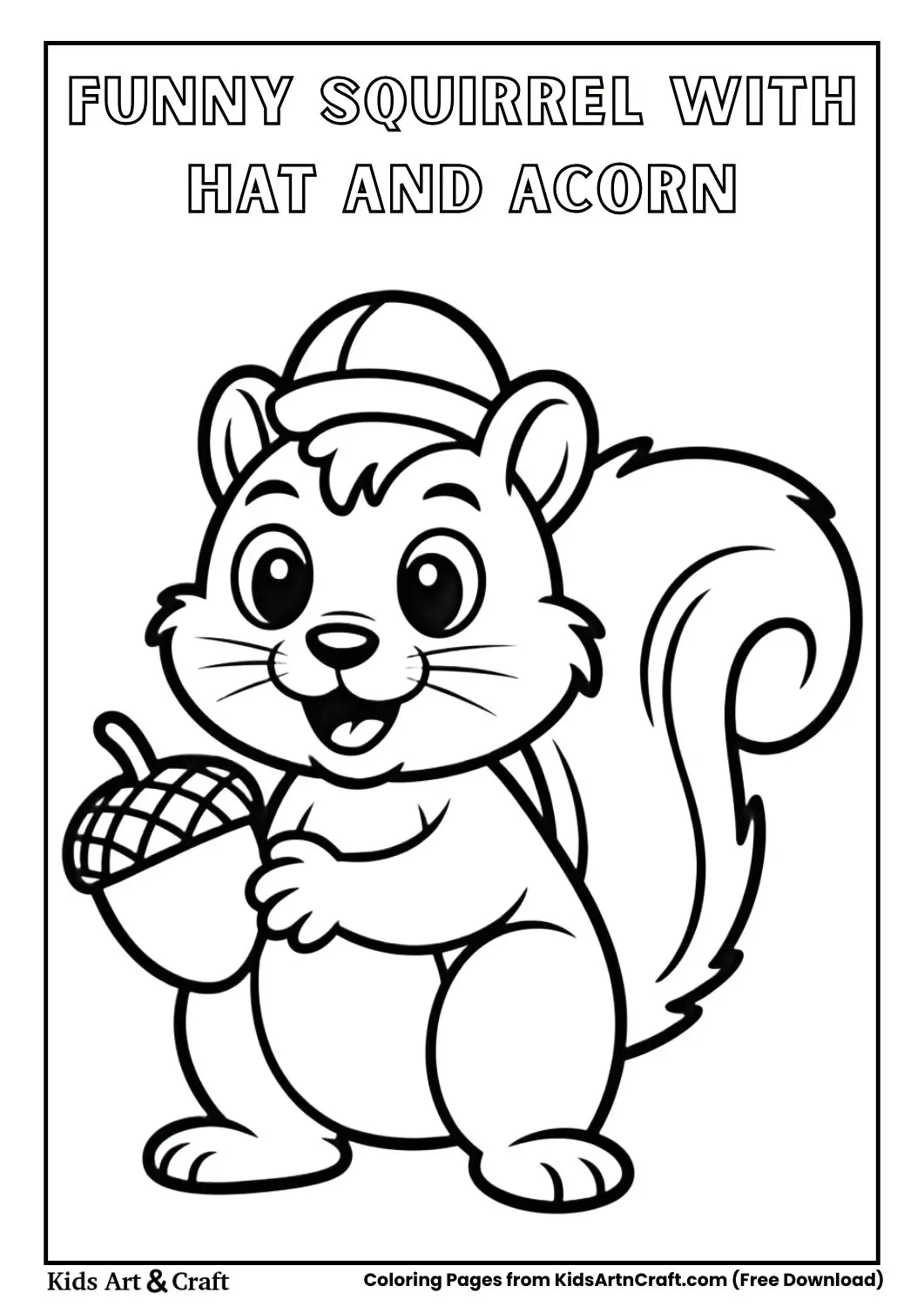 cartoon squirrel wearing hat holding acorn coloring page for kids