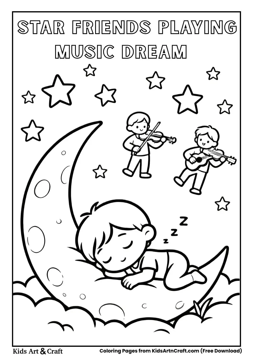 Star friends playing music in a dream coloring page for kids