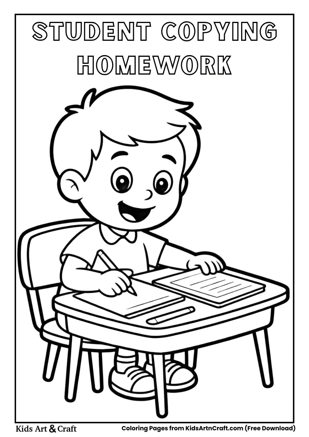 Kid copying homework from another student coloring page