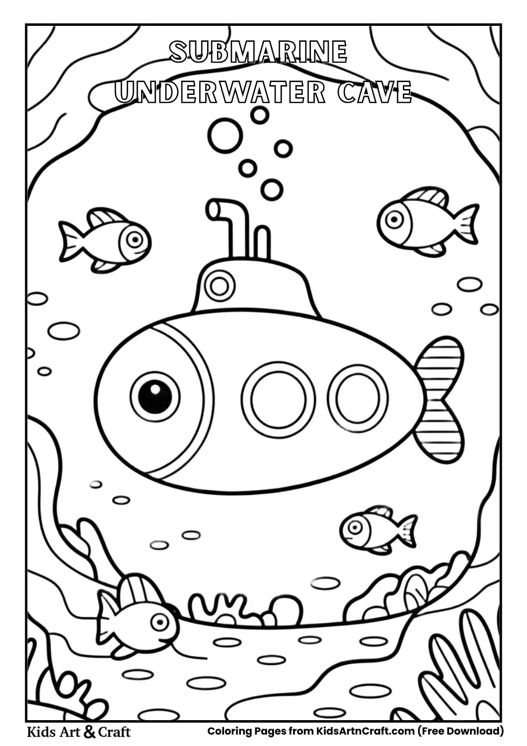submarine exploring underwater cave coloring page