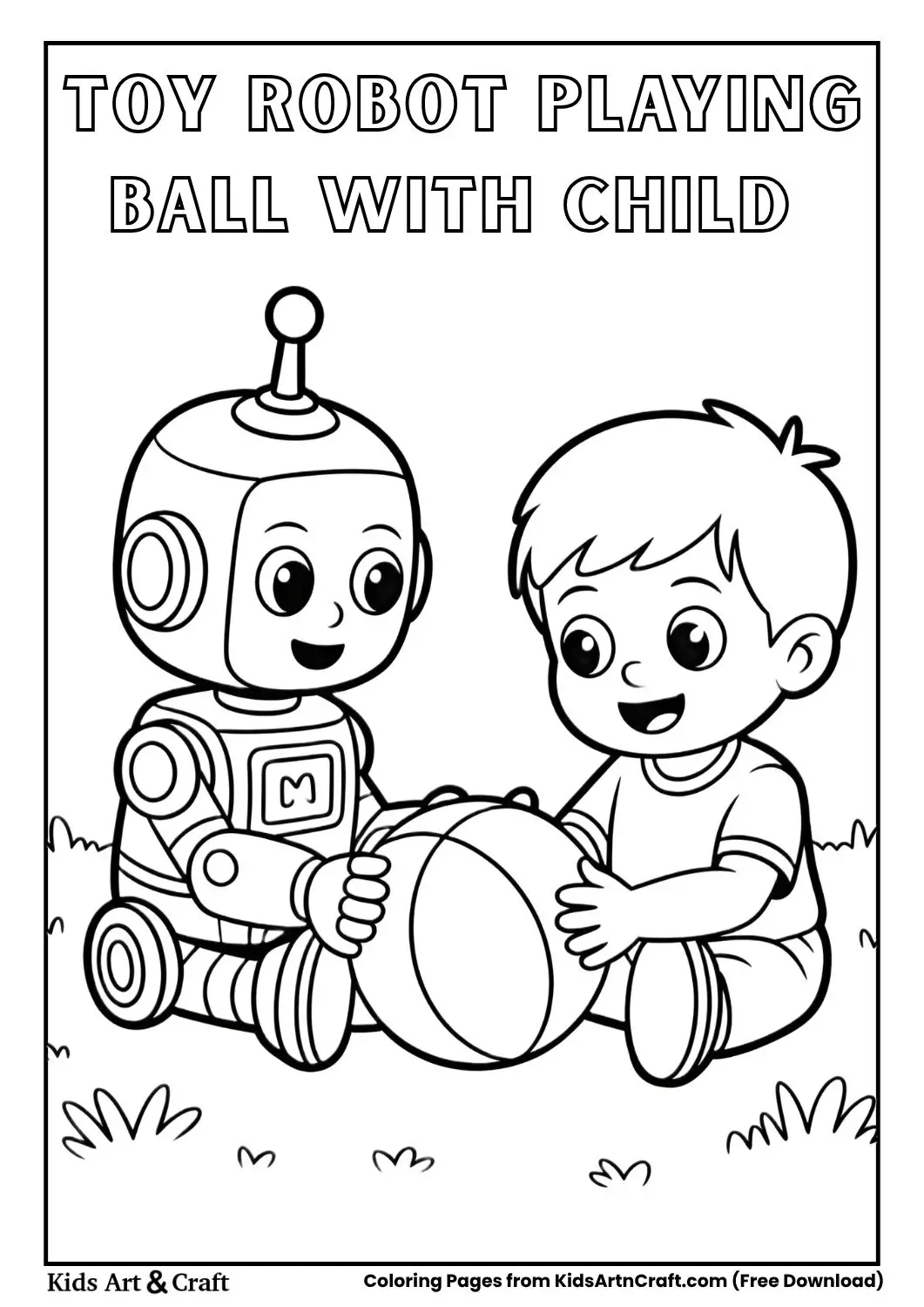 Toy robot playing with a child in the park black and white coloring page