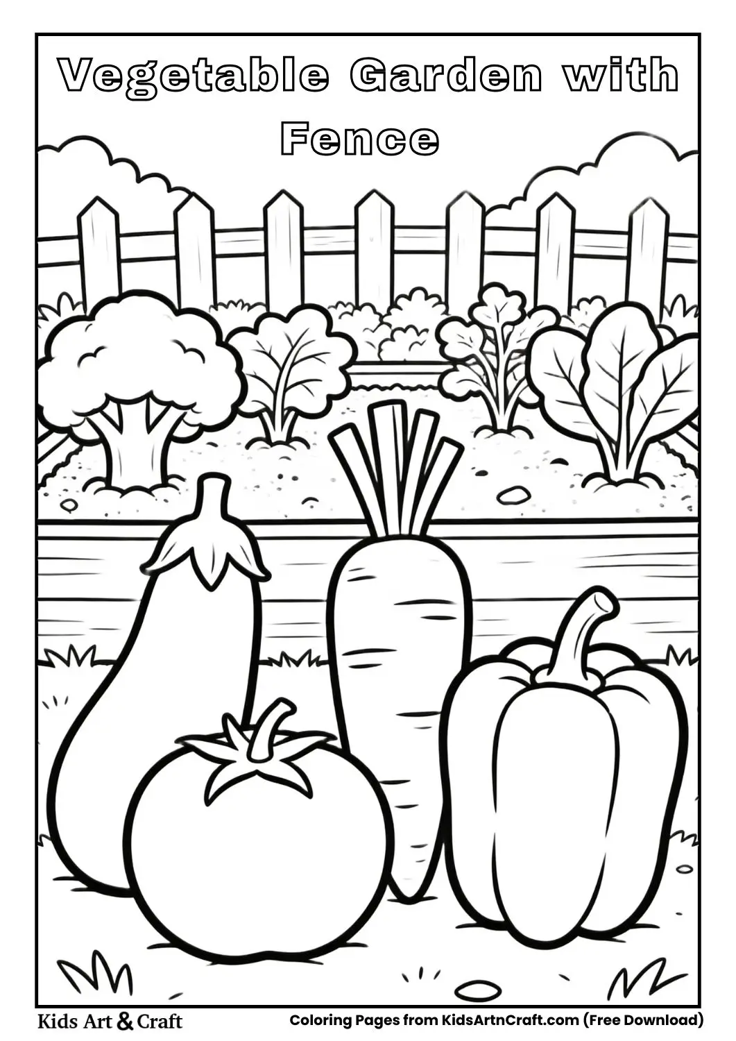 Black and white line drawing of vegetables in front of a simple garden fence