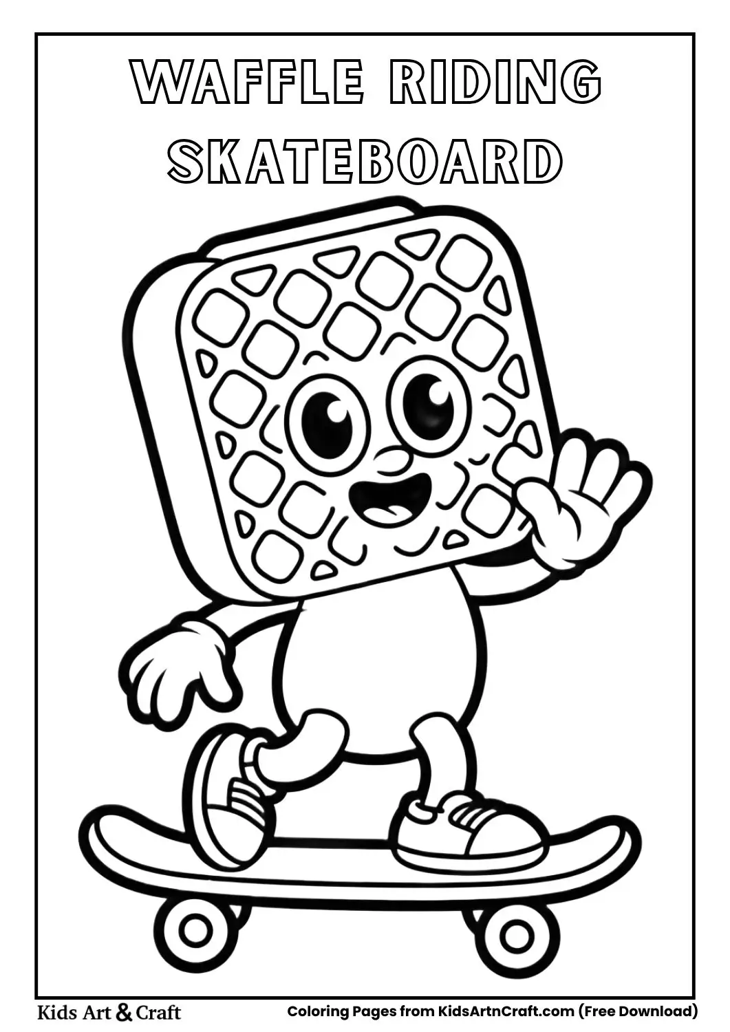 funny waffle character riding skateboard cartoon coloring page