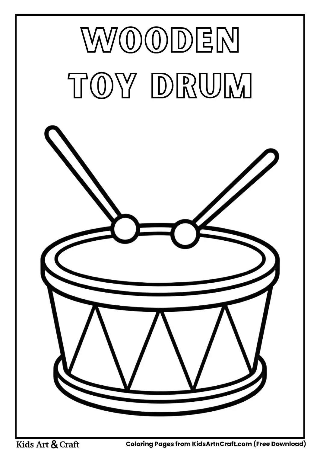 Simple wooden toy drum with sticks black and white coloring page for kids