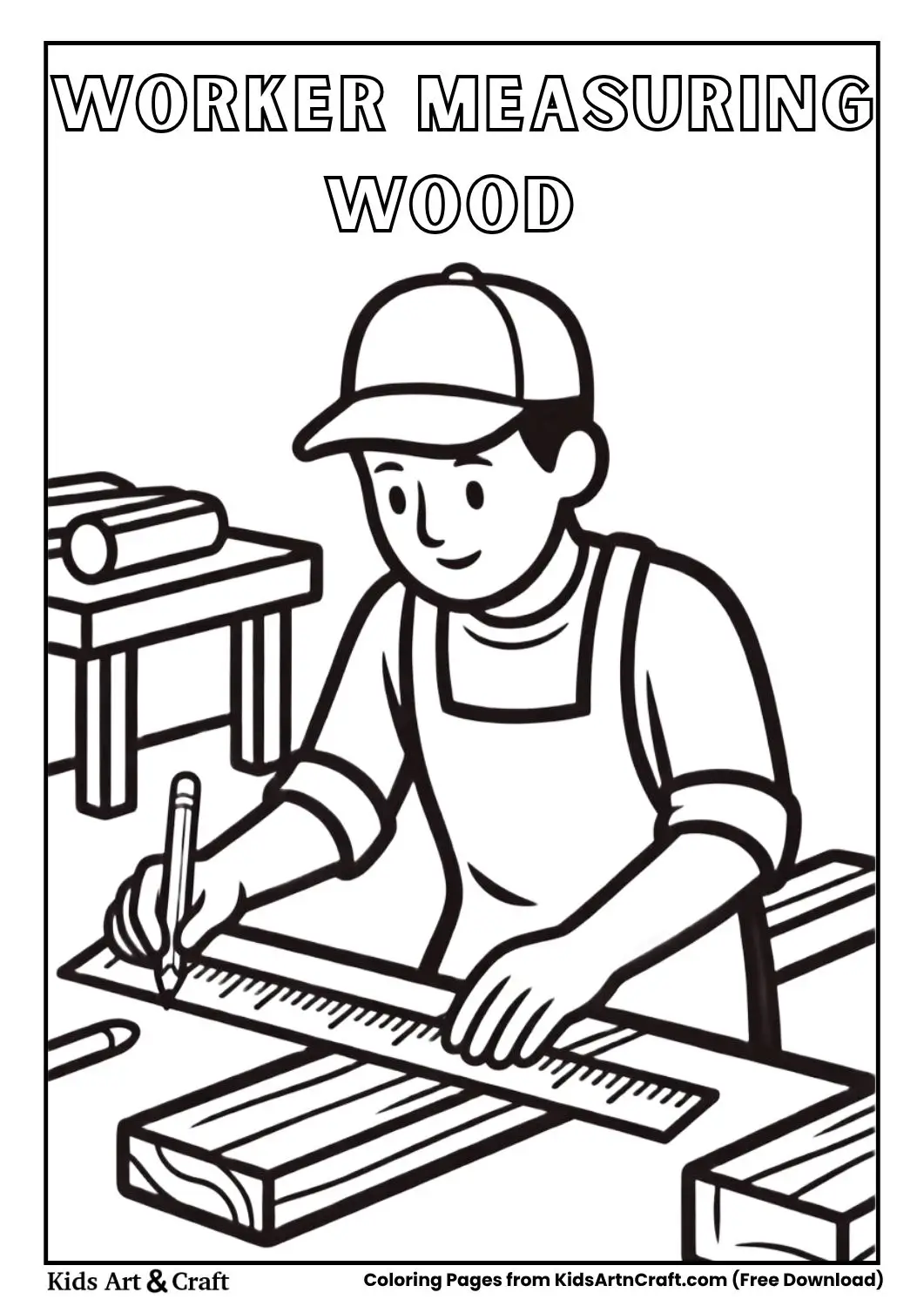 Worker measuring wood with ruler coloring page