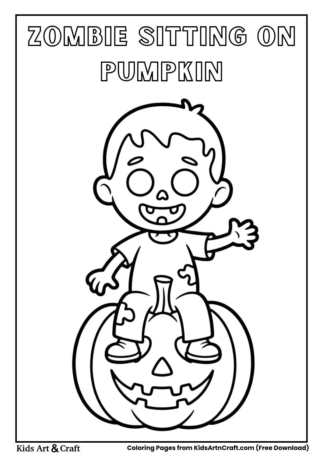 Cute zombie sitting on pumpkin Halloween coloring page for kids