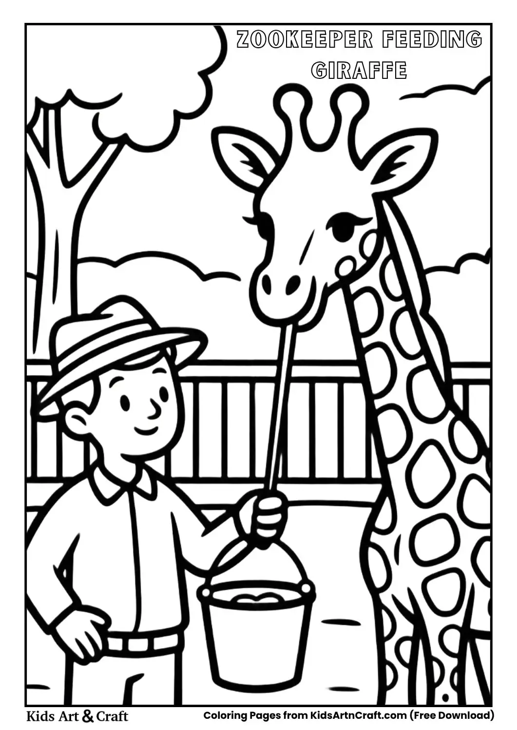 Zookeeper feeding giraffe simple zoo scene coloring page