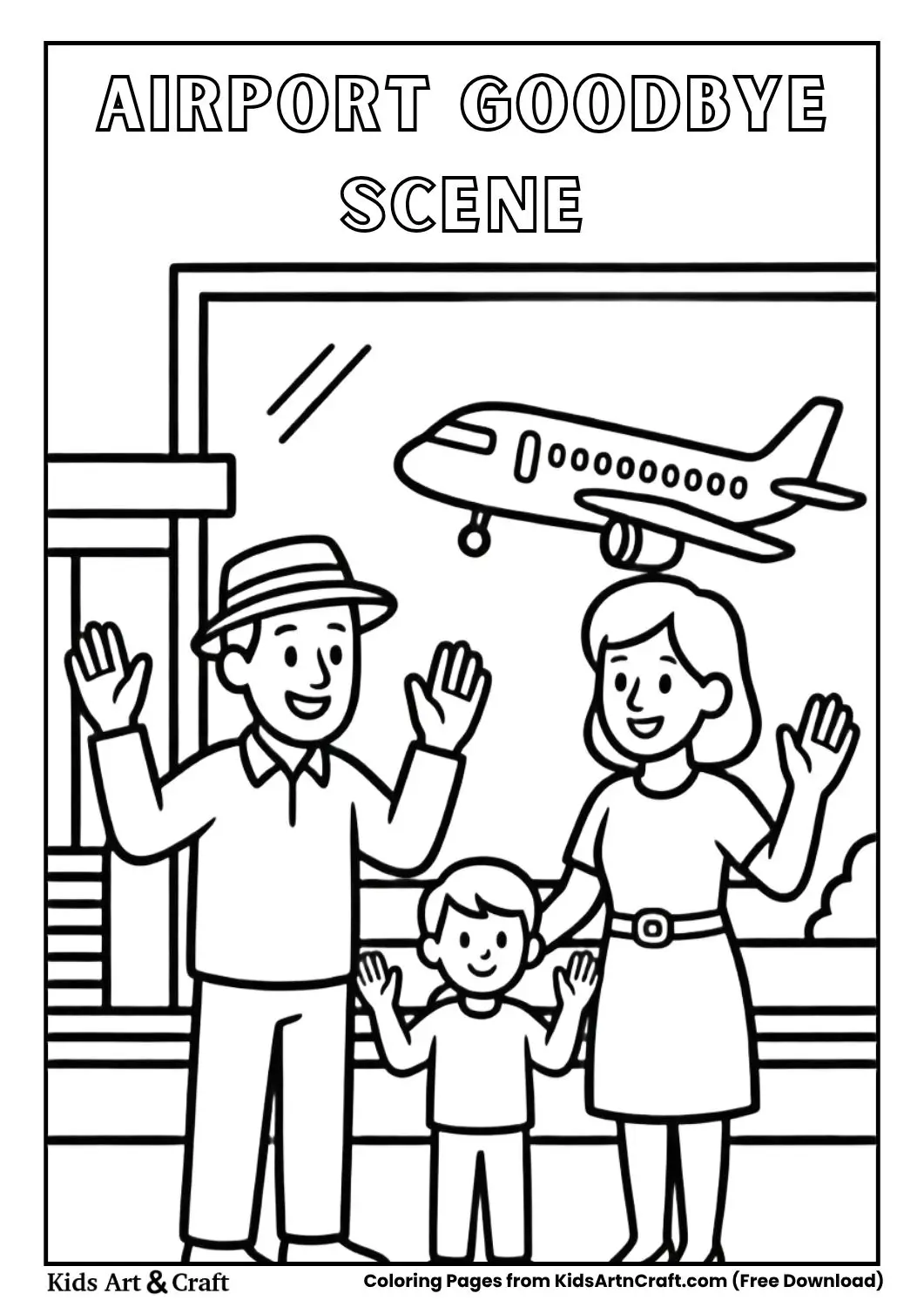 Family waving goodbye at airport entrance