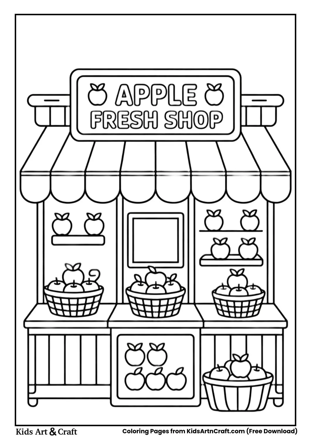 Apple Fresh Shop fruit store coloring page with apples and small color guide 