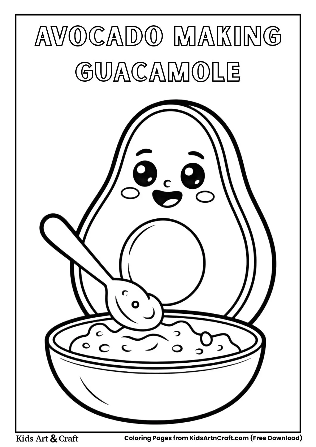 Cute avocado mixing guacamole in bowl cartoon coloring page