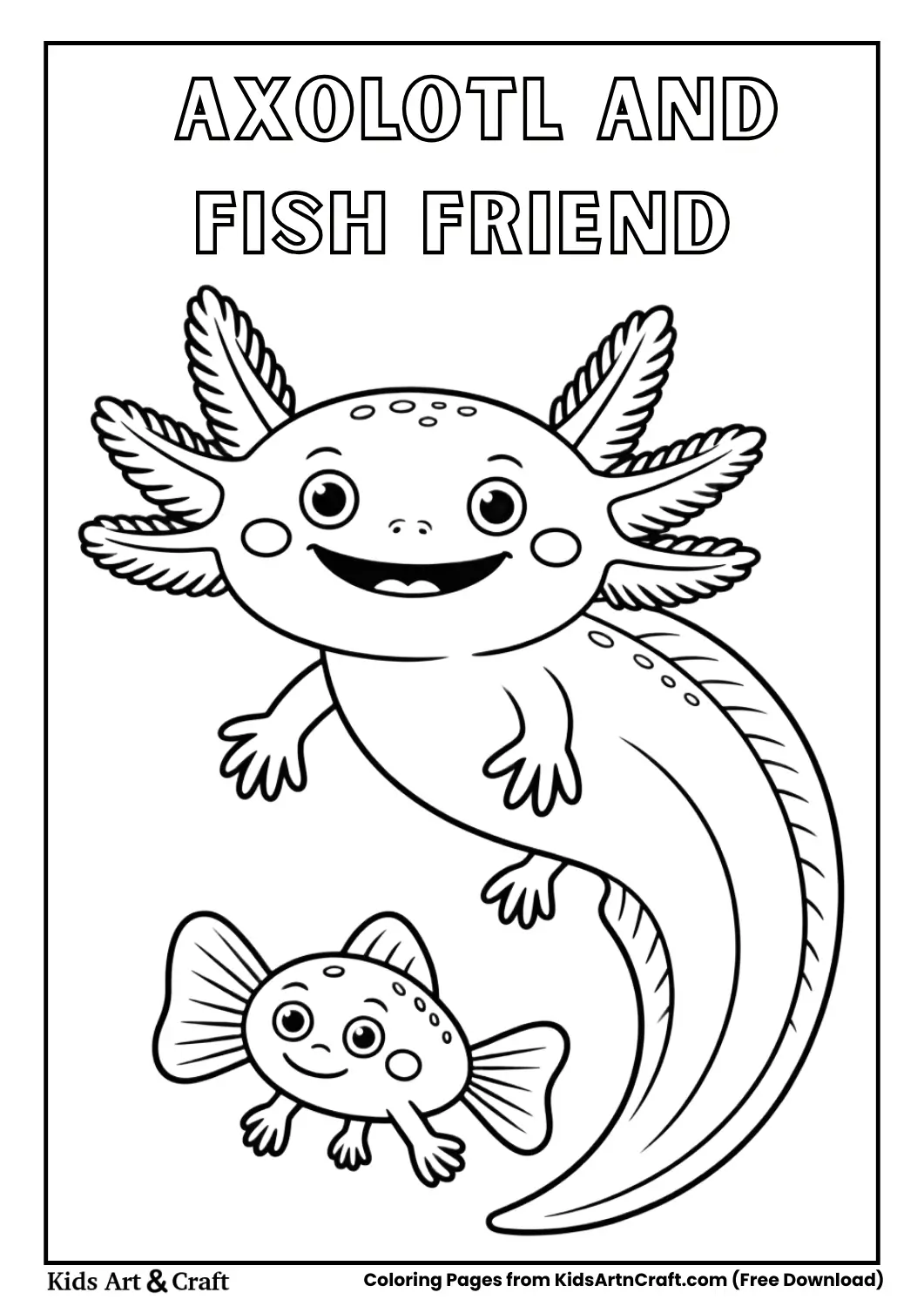 Cute axolotl swimming with small fish kids coloring page