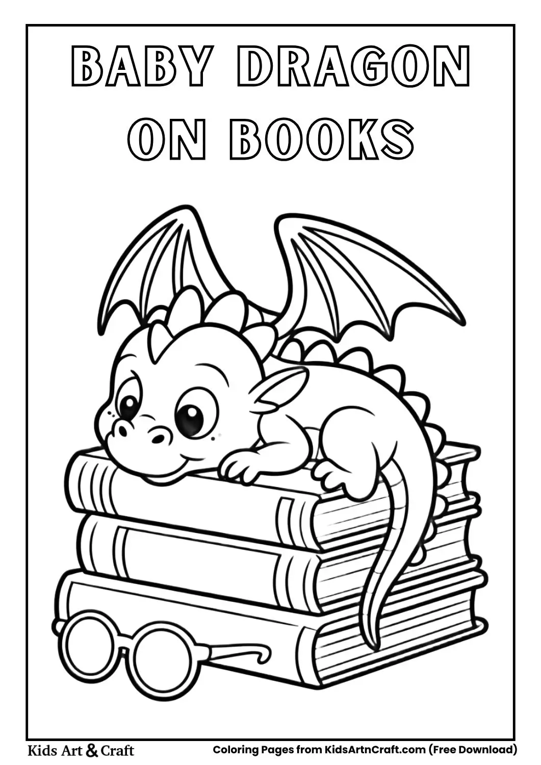 Baby dragon sleeping on a stack of books coloring page