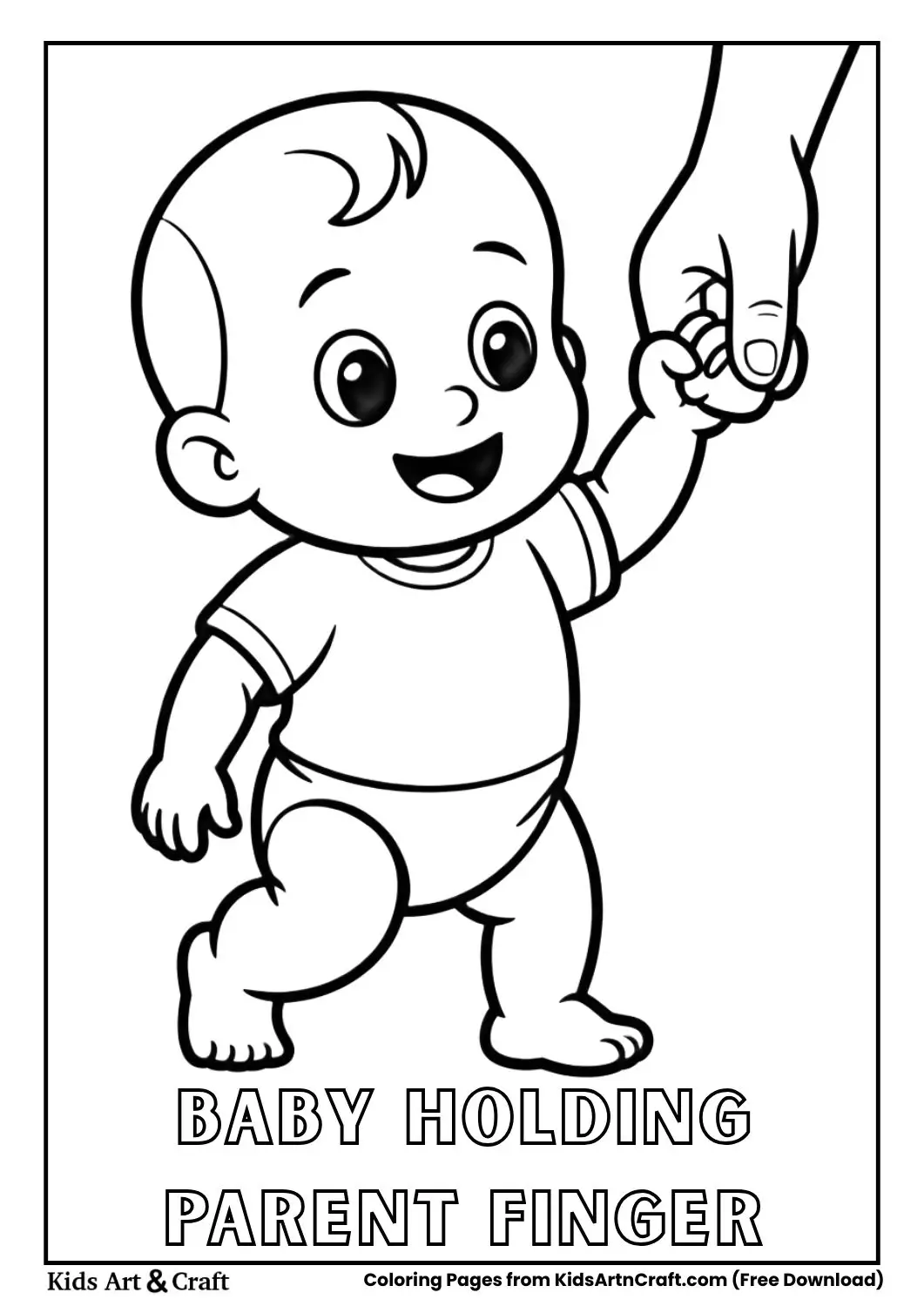 Baby holding parent finger while learning to walk coloring page