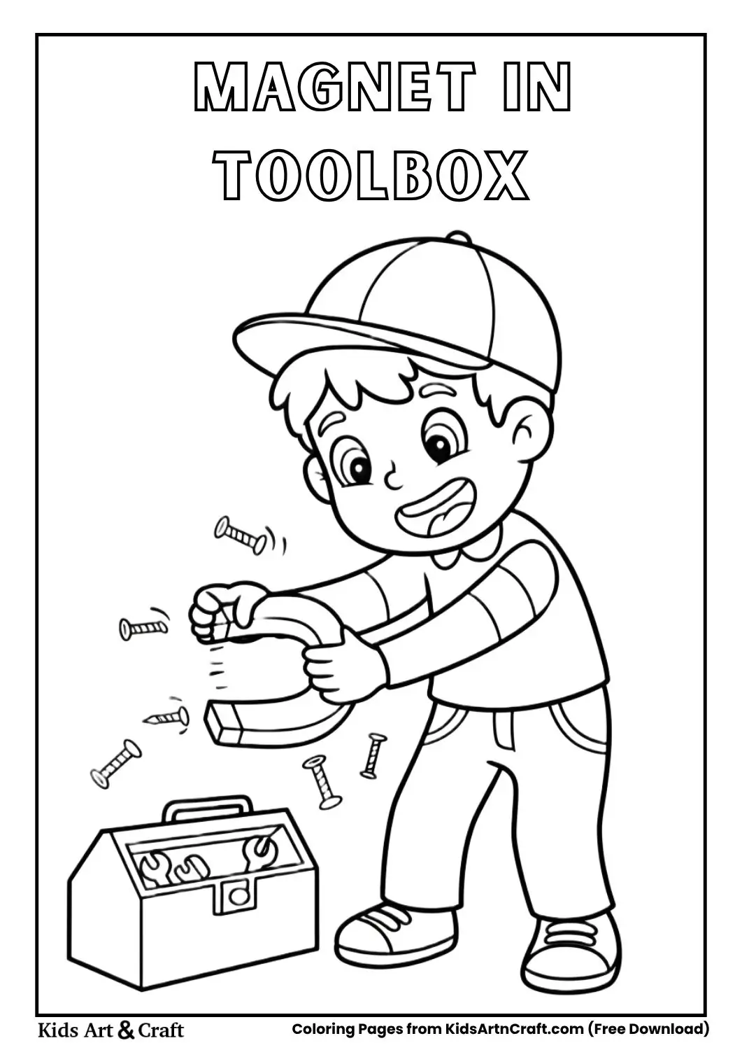 Boy holding magnet near toolbox
