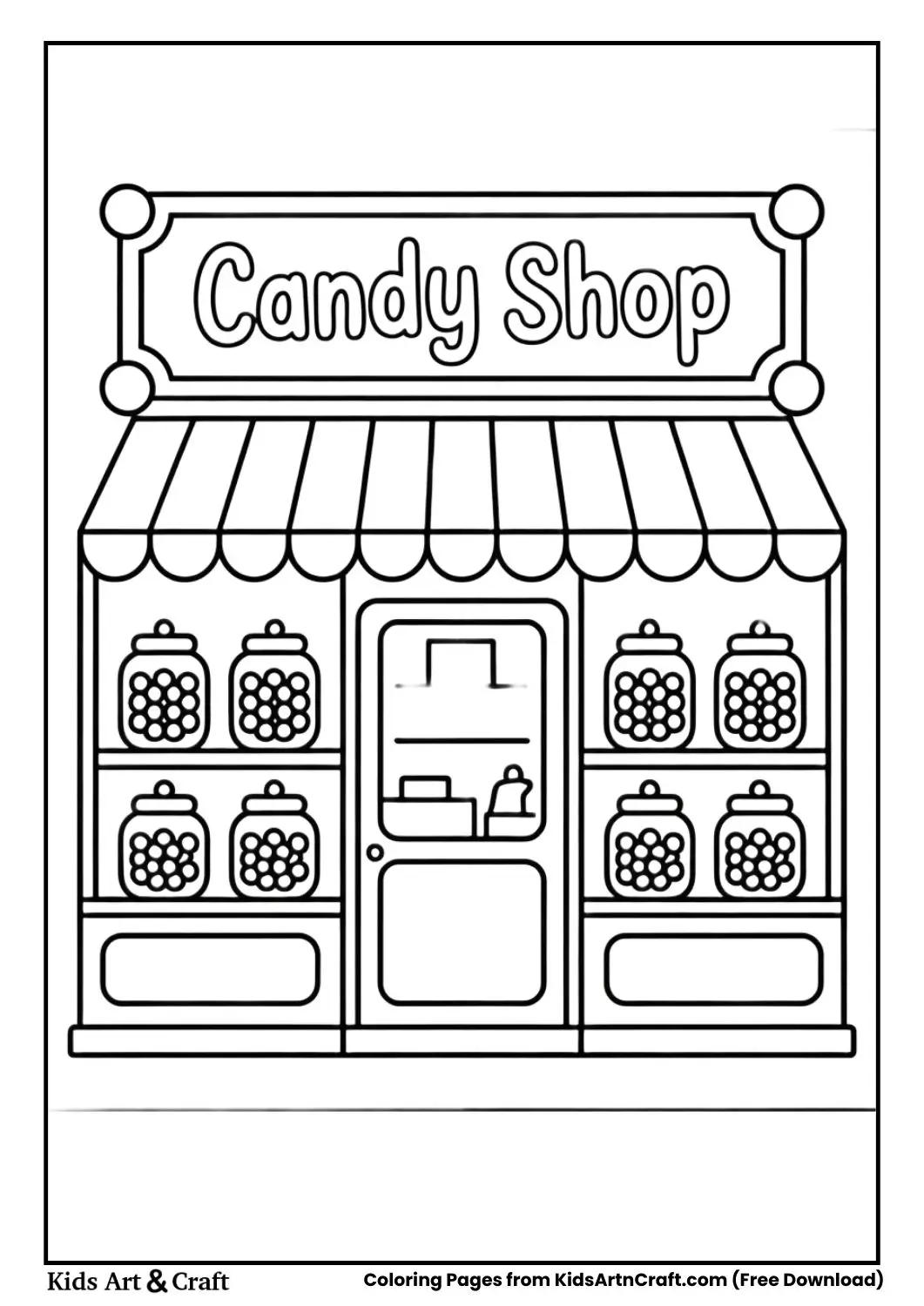 Candy Shop coloring page with jars of candies