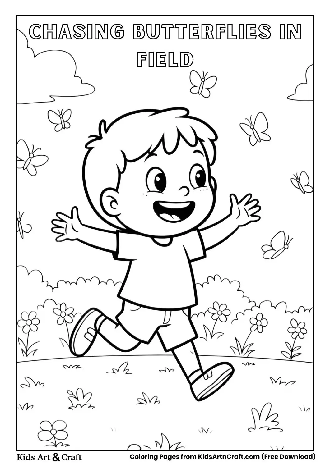 Child running after butterflies in a field coloring page