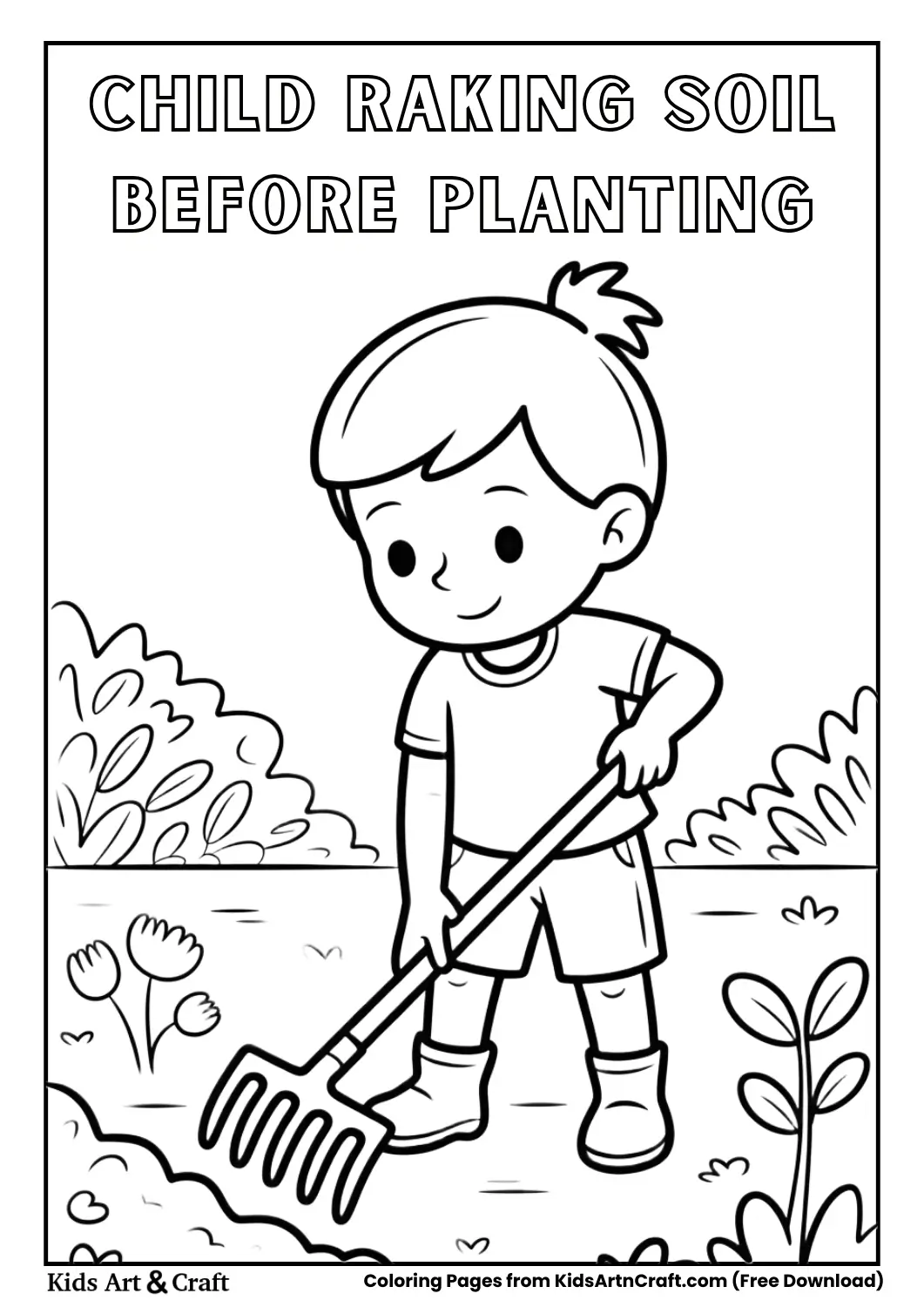 Child using a rake to prepare soil in garden