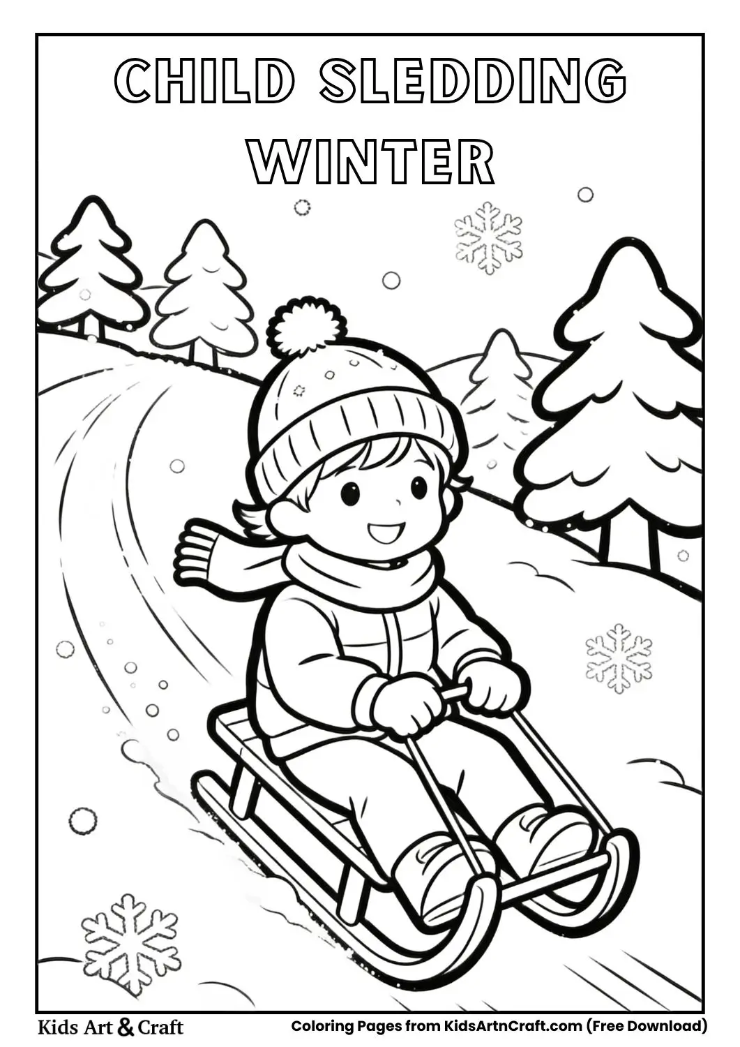 Black and white coloring page of a child sledding down a snowy hill