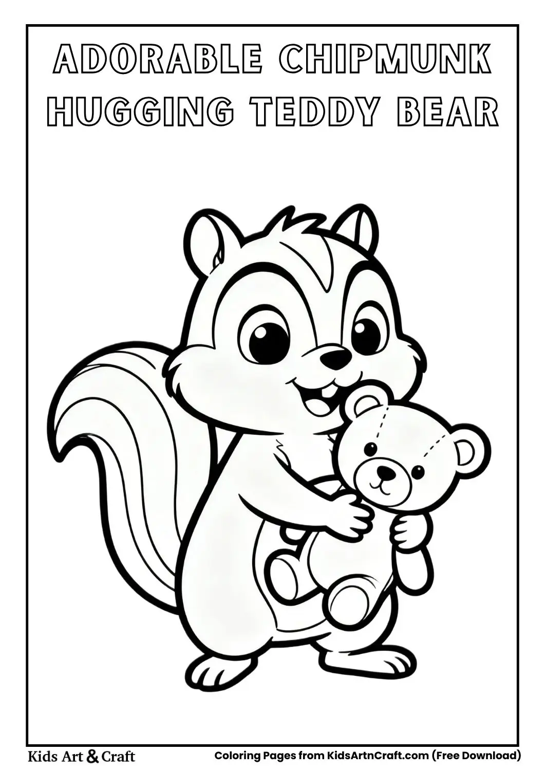 cute cartoon chipmunk hugging teddy bear black and white coloring page