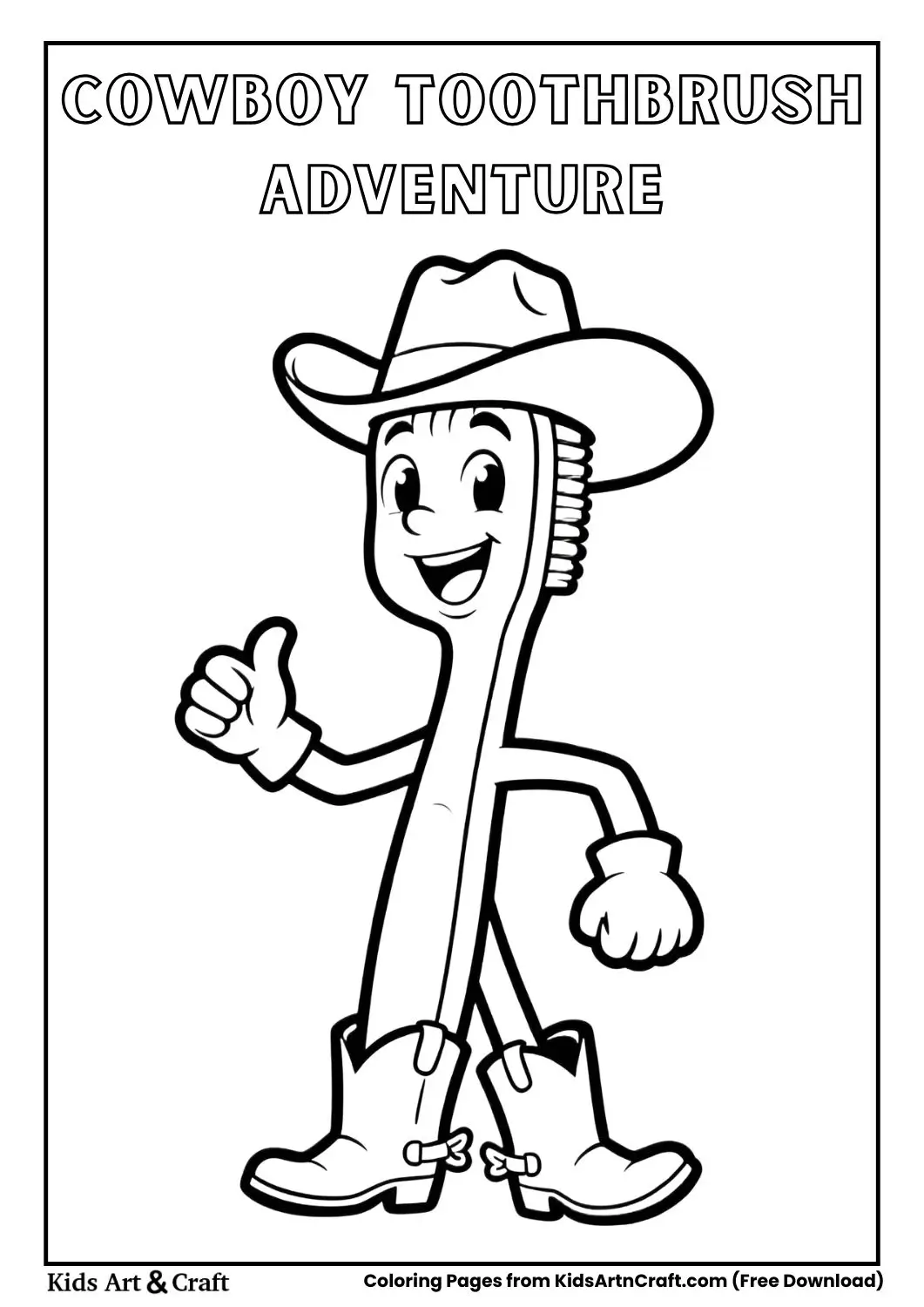 Toothbrush dressed as cowboy with hat boots coloring page
