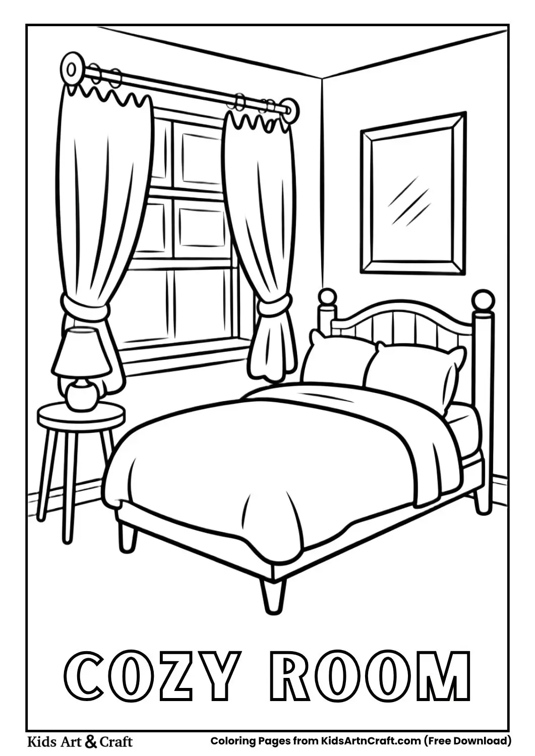 cozy room black and white coloring page with bed window curtain and table