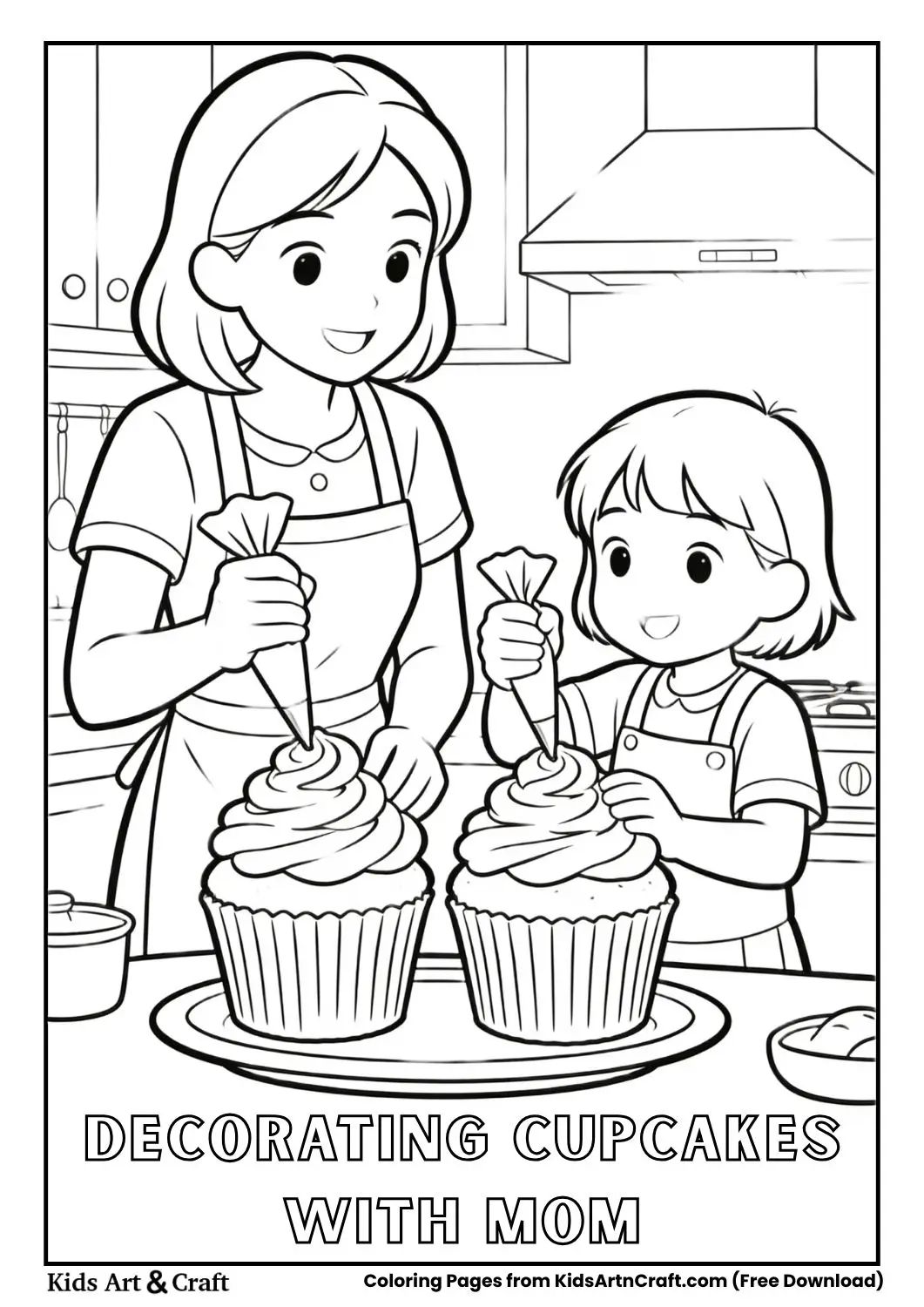 Black and white drawing of mom and child frosting cupcakes