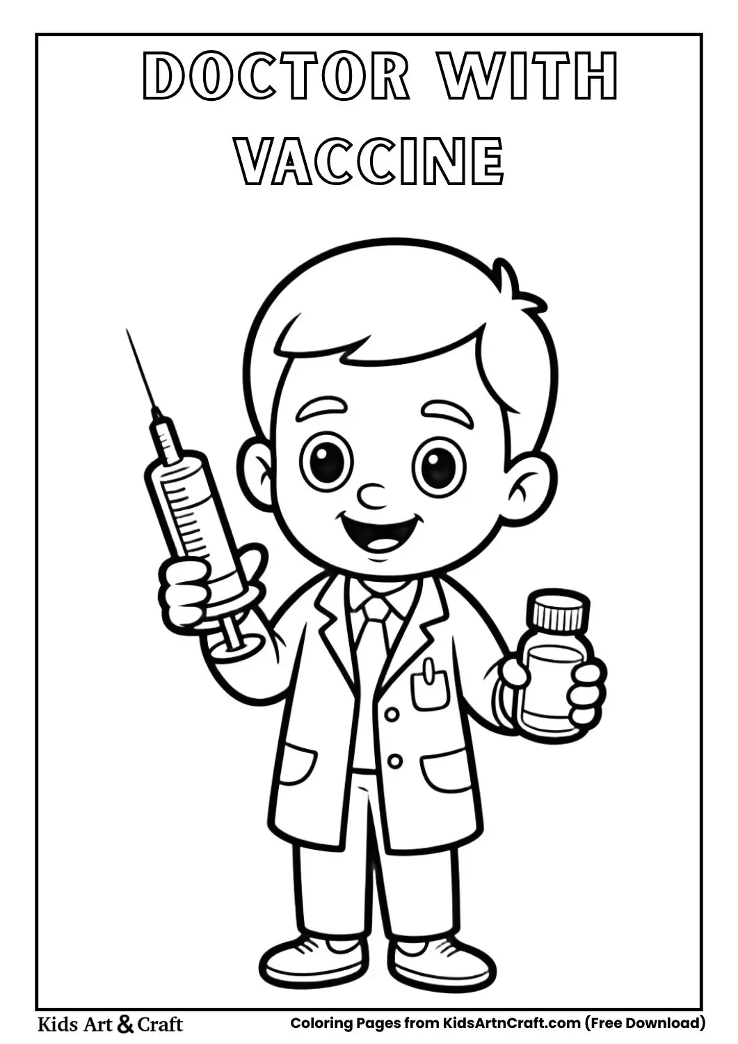 friendly doctor holding syringe and medicine bottle coloring page