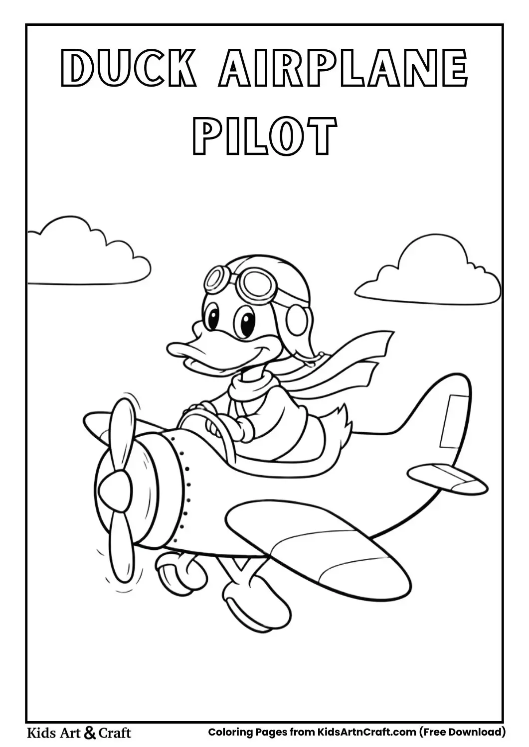 Duck pilot flying airplane coloring page