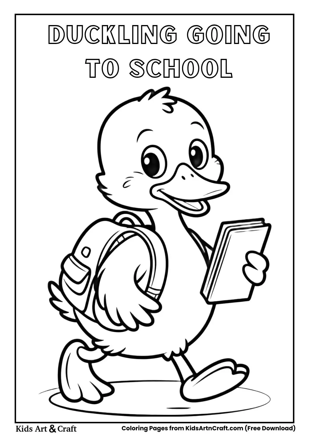 Cute duckling wearing backpack walking to school coloring page
