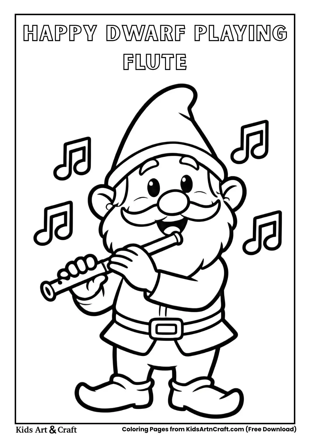 Cute dwarf playing a flute with musical notes simple kids coloring page