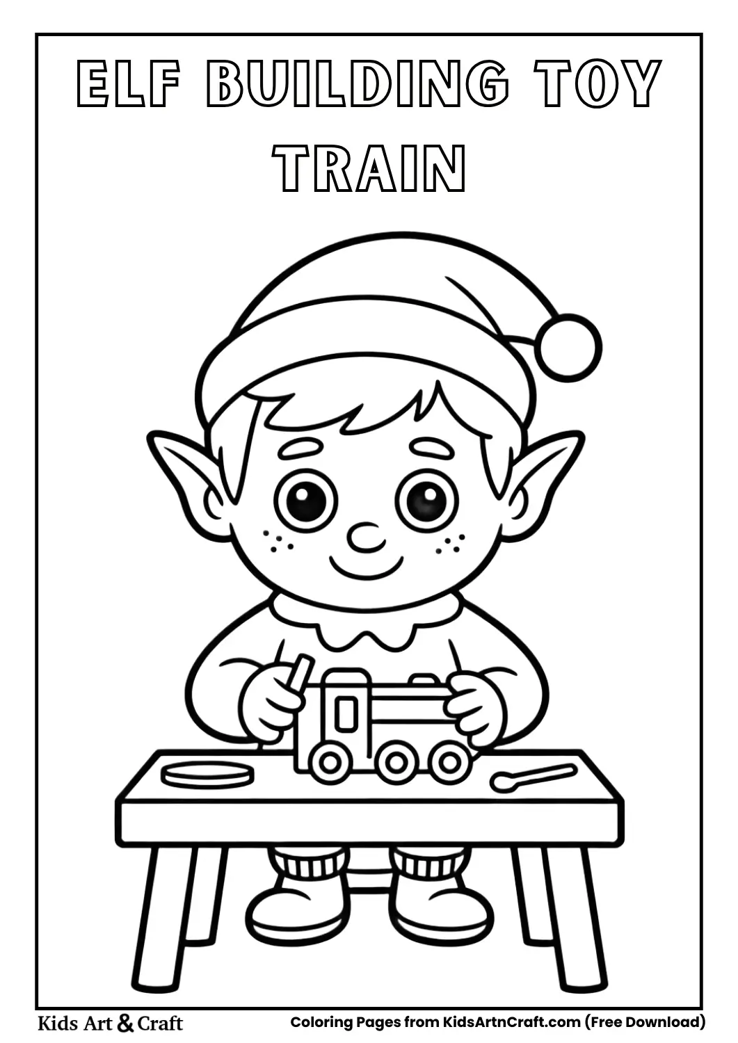 Elf building toy train at workbench coloring page