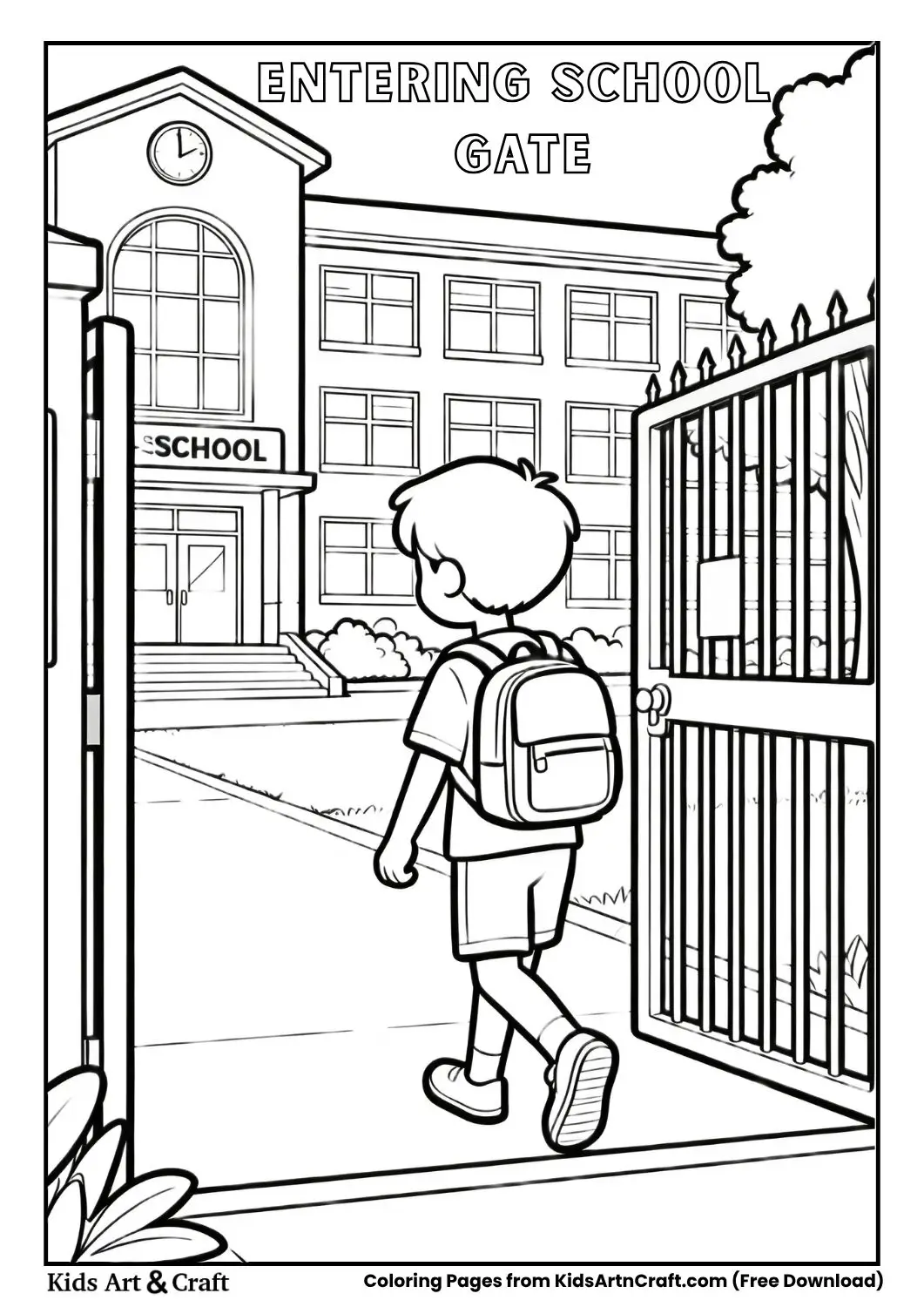 child entering school gate with backpack simple daily routine coloring page