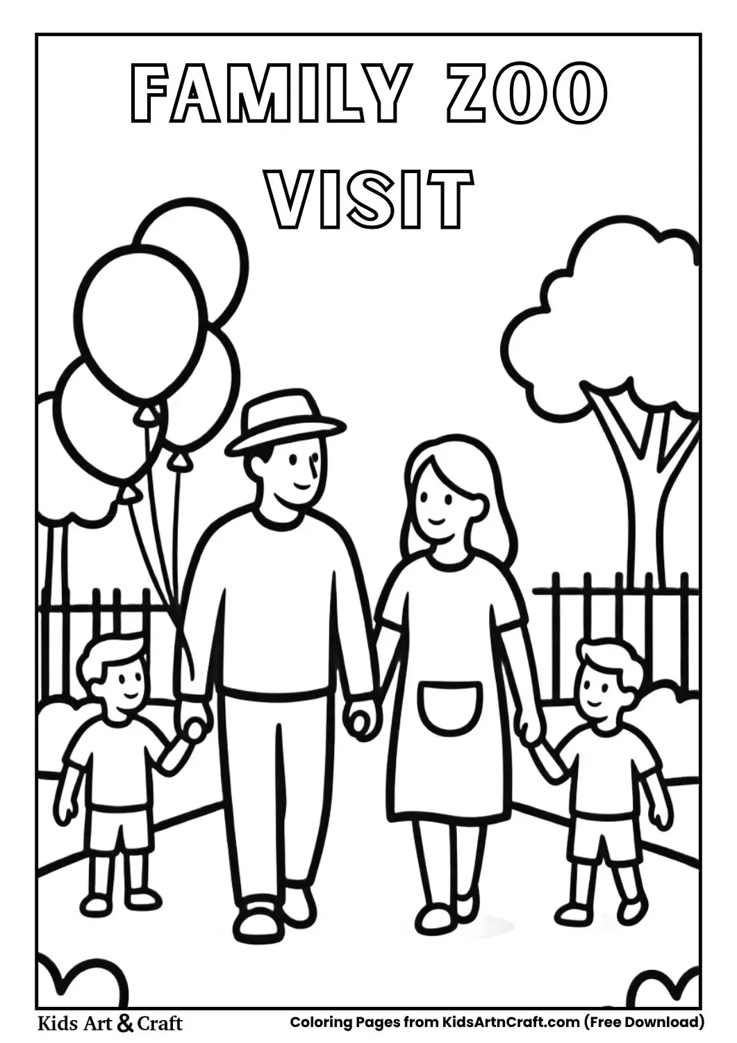 Family walking in zoo with balloons simple coloring page
